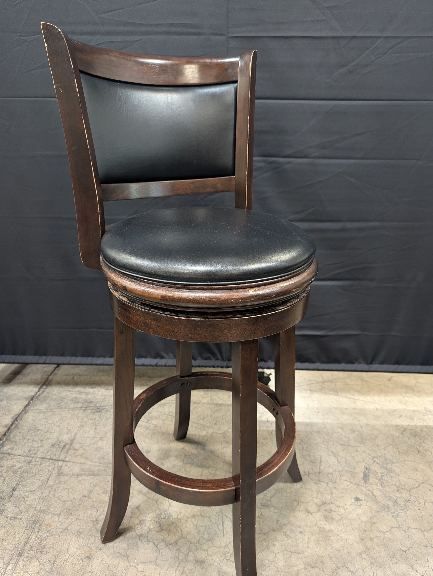 TIMBERCO Dark Wood Swivel Bar Stool with Black Upholstery