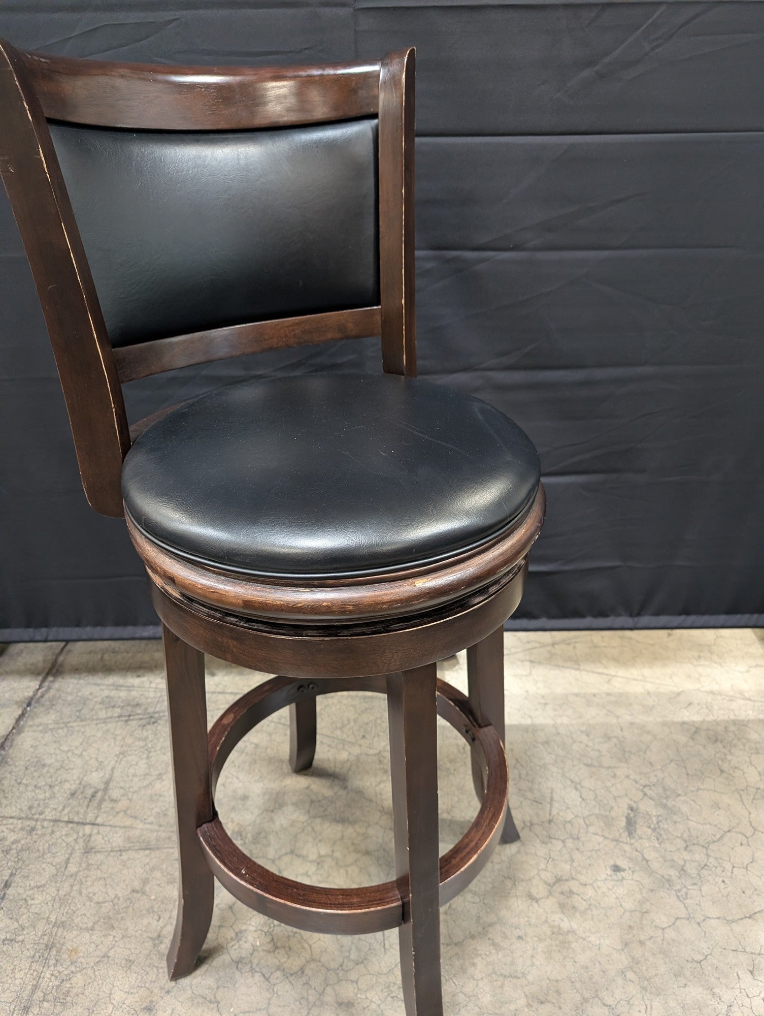 TIMBERCO Dark Wood Swivel Bar Stool with Black Upholstery