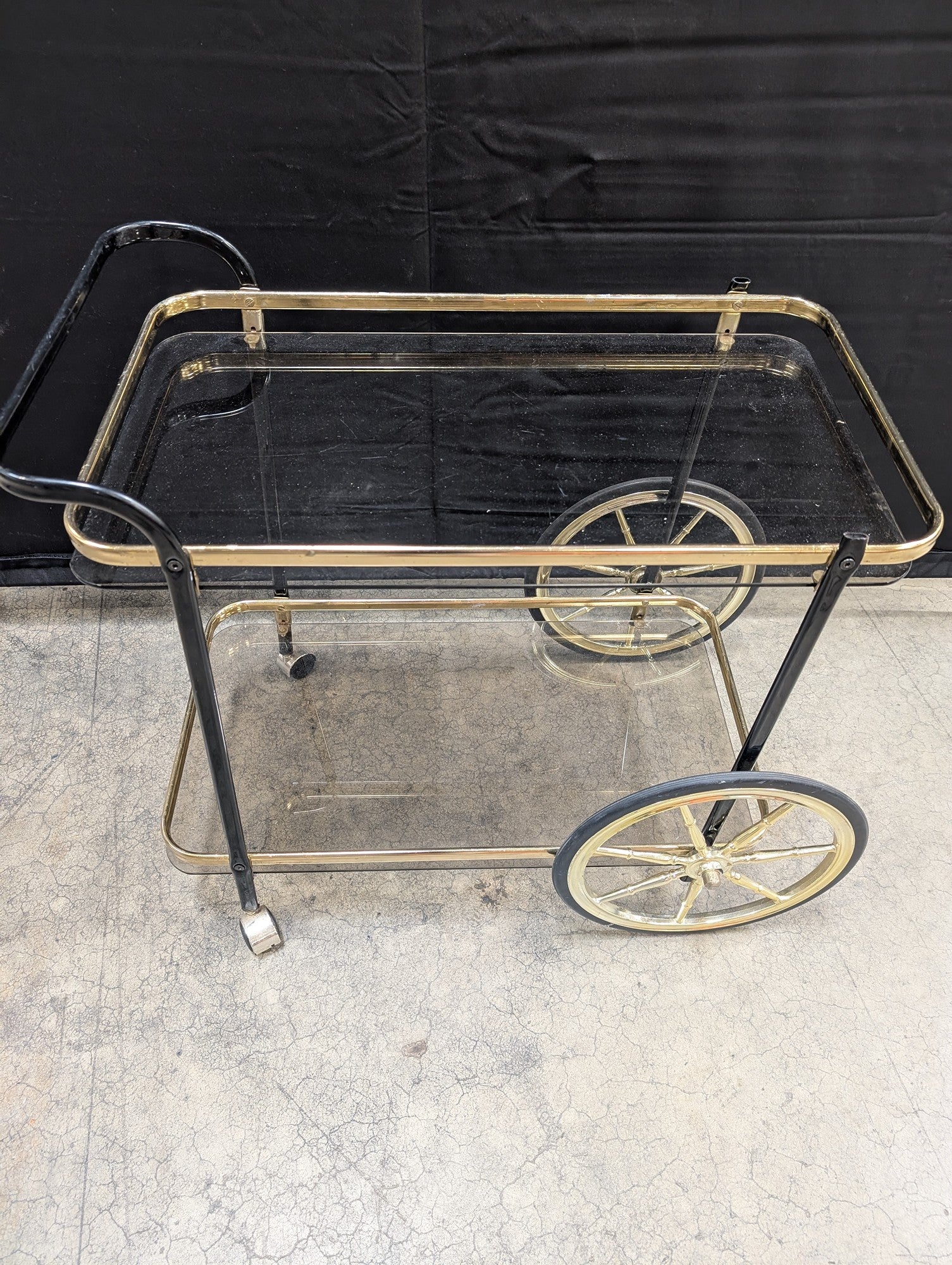 Mid-Century Modern Gold Tone and Black Two-Tier Serving Cart