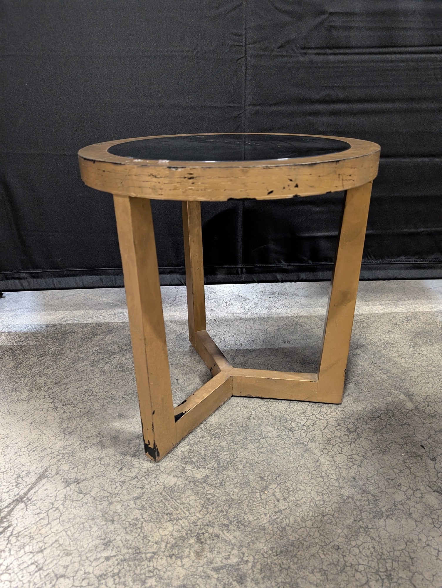 Round Wood Frame Side Table with Black Glass Top