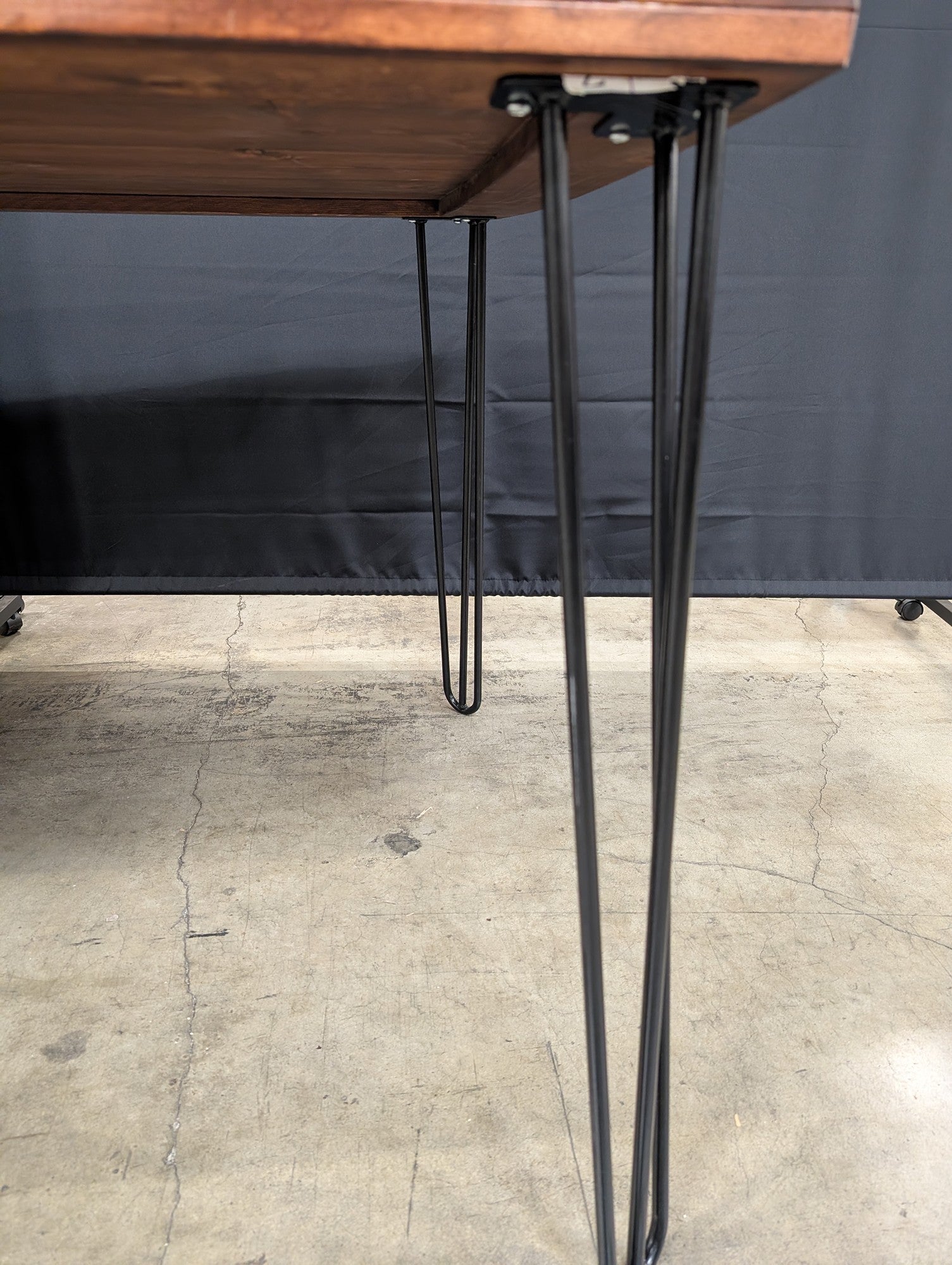 Industrial Wood Plank Desk with Hairpin Legs and Integrated Power Module some damage