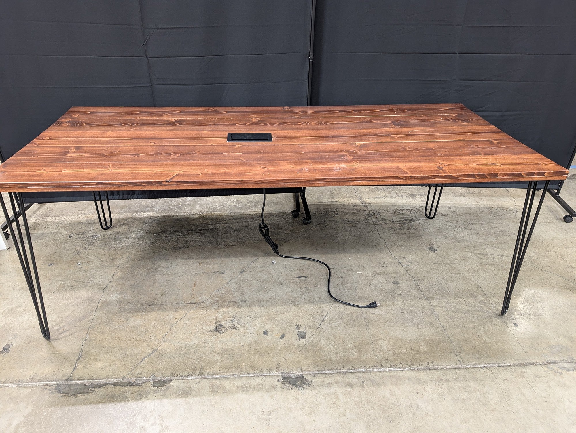 Industrial Wood Plank Desk with Hairpin Legs and Integrated Power Module some damage