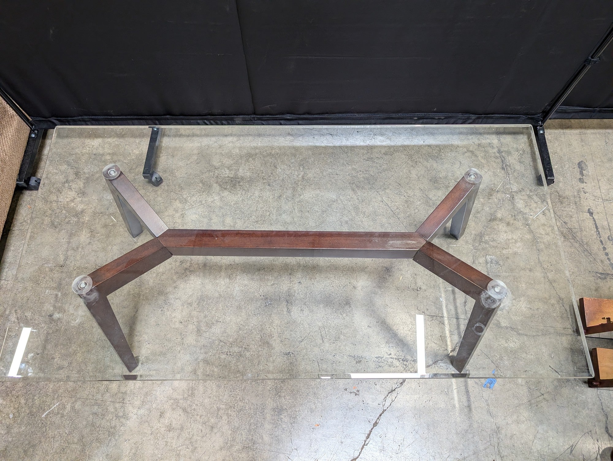 Mid-Century Modern Style Glass Top Coffee Table with Dark Wood X-Base
