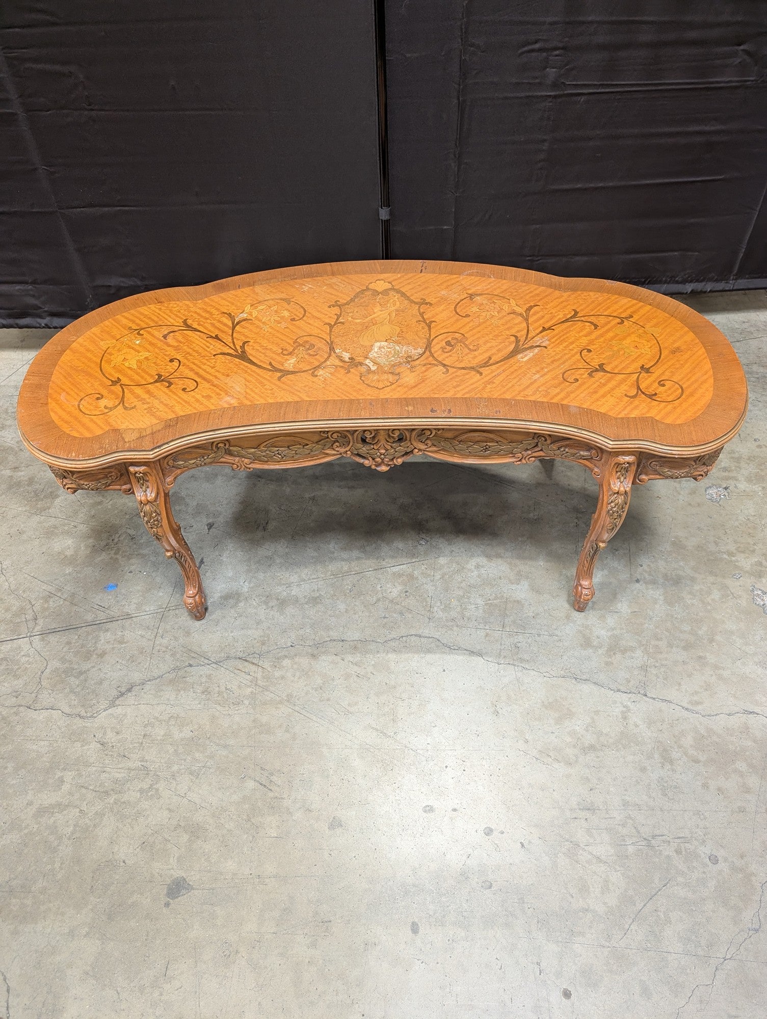 Ornate Inlaid Wood Kidney-Shaped Coffee Table with Figural Marquetry
