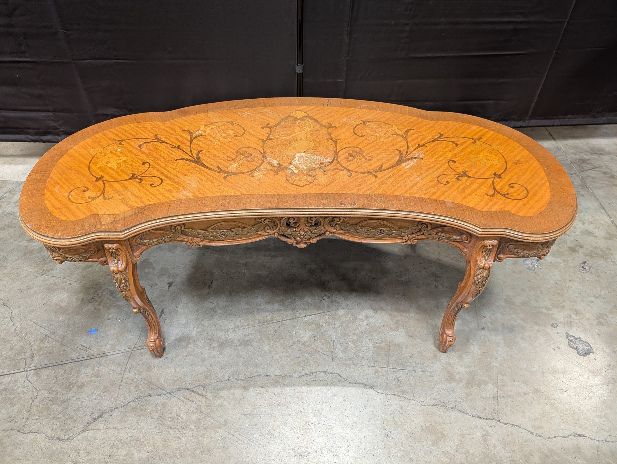 Ornate Inlaid Wood Kidney-Shaped Coffee Table with Figural Marquetry