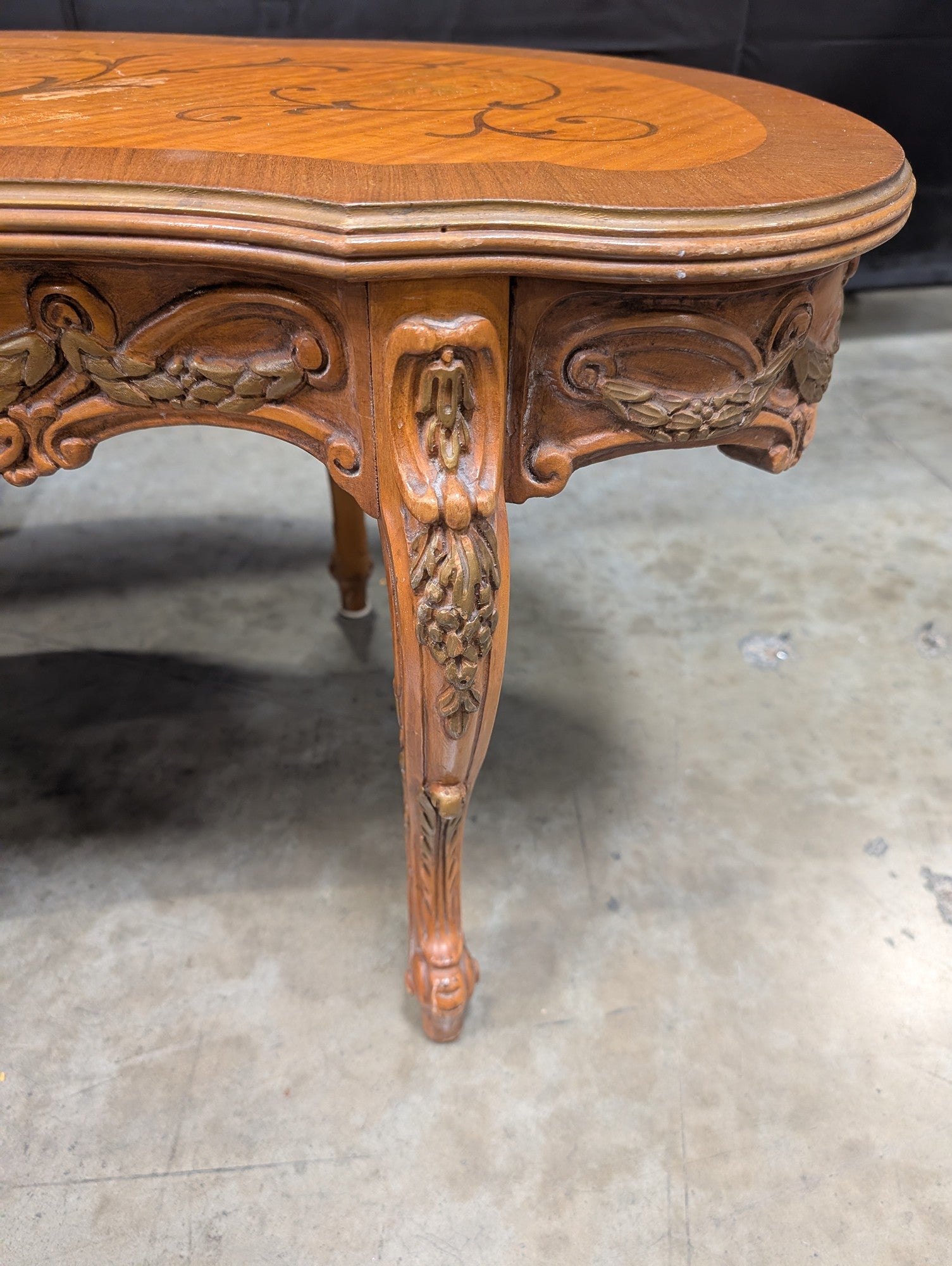 Ornate Inlaid Wood Kidney-Shaped Coffee Table with Figural Marquetry