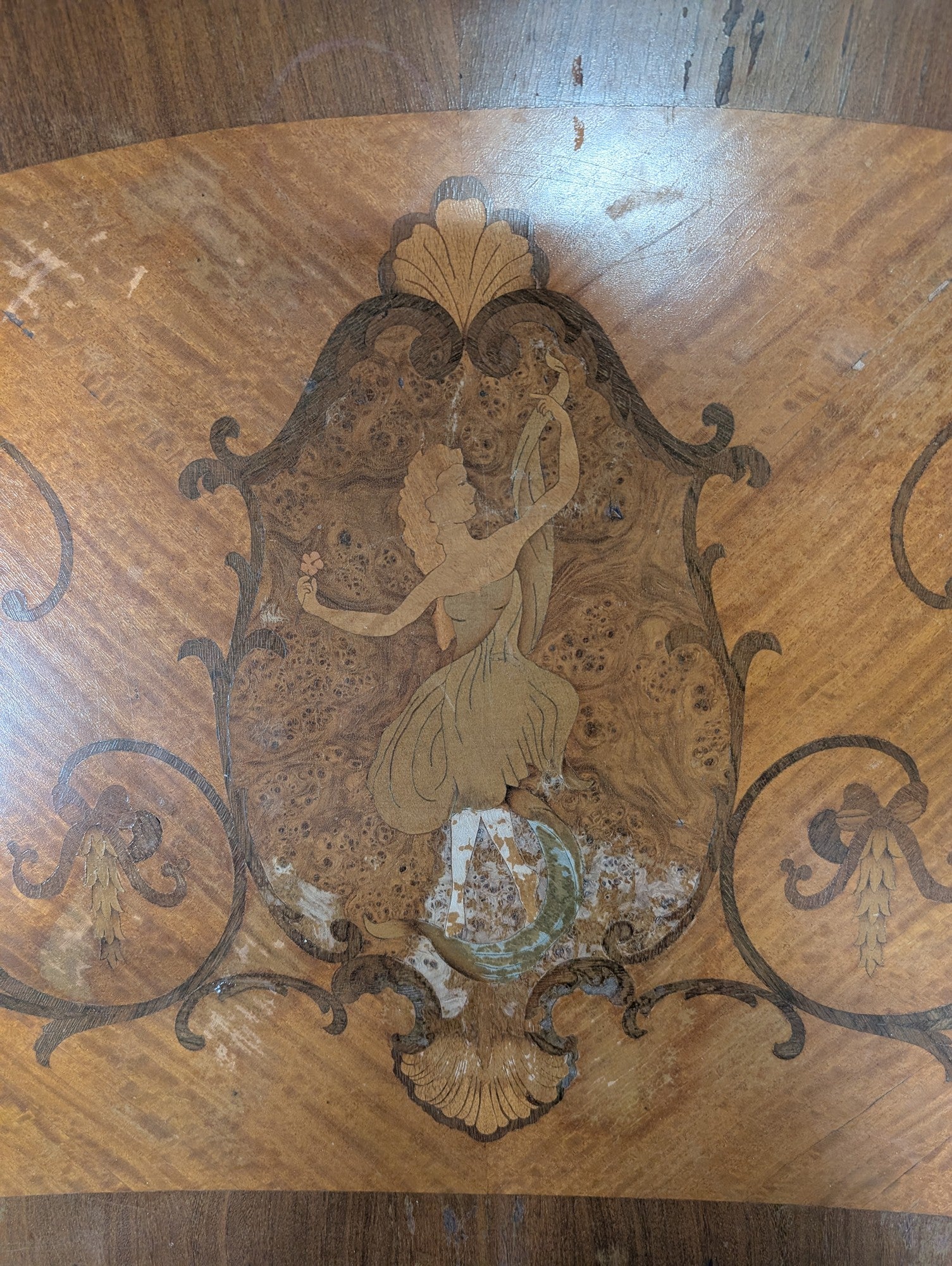 Ornate Inlaid Wood Kidney-Shaped Coffee Table with Figural Marquetry