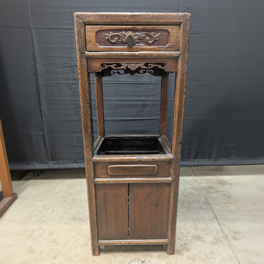 Rustic Asian Hardwood Display Stand with Drawer and Cabinet