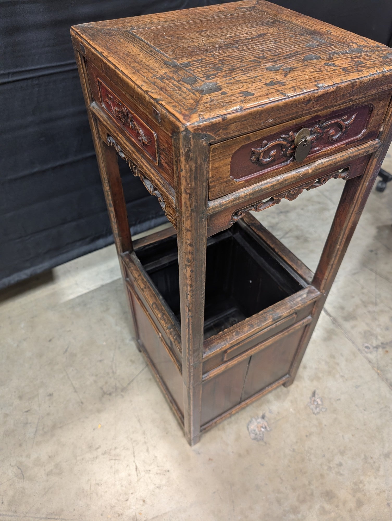 Rustic Asian Hardwood Display Stand with Drawer and Cabinet