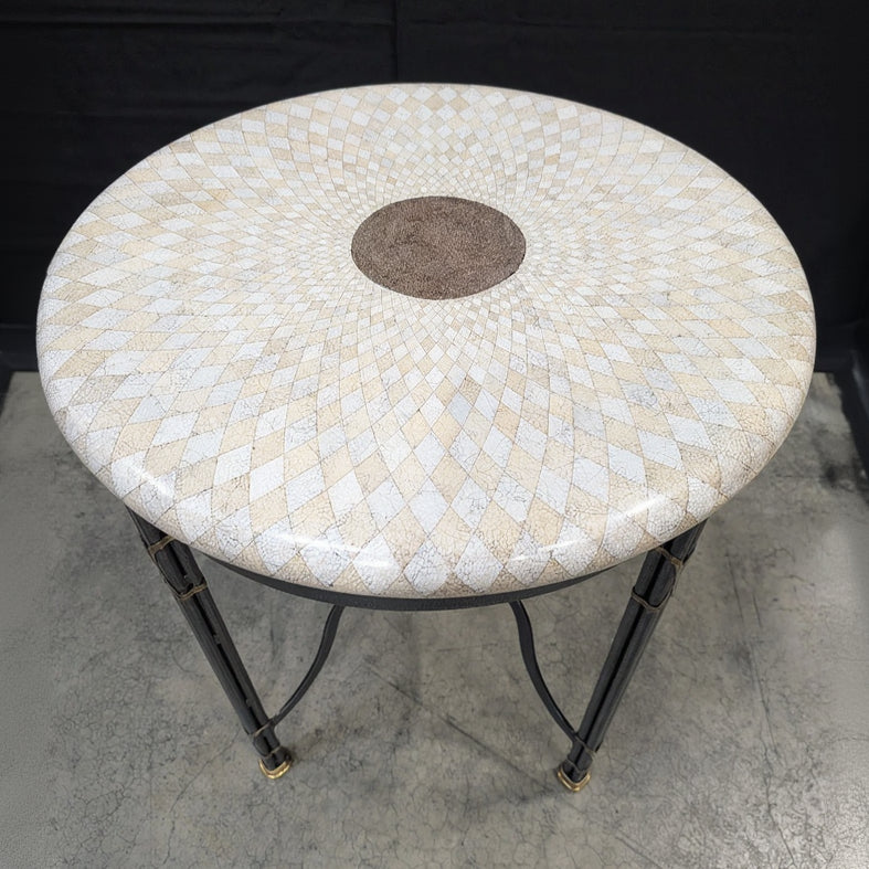 Handmade Geometric Inlay Accent Table with Wrought Iron Base