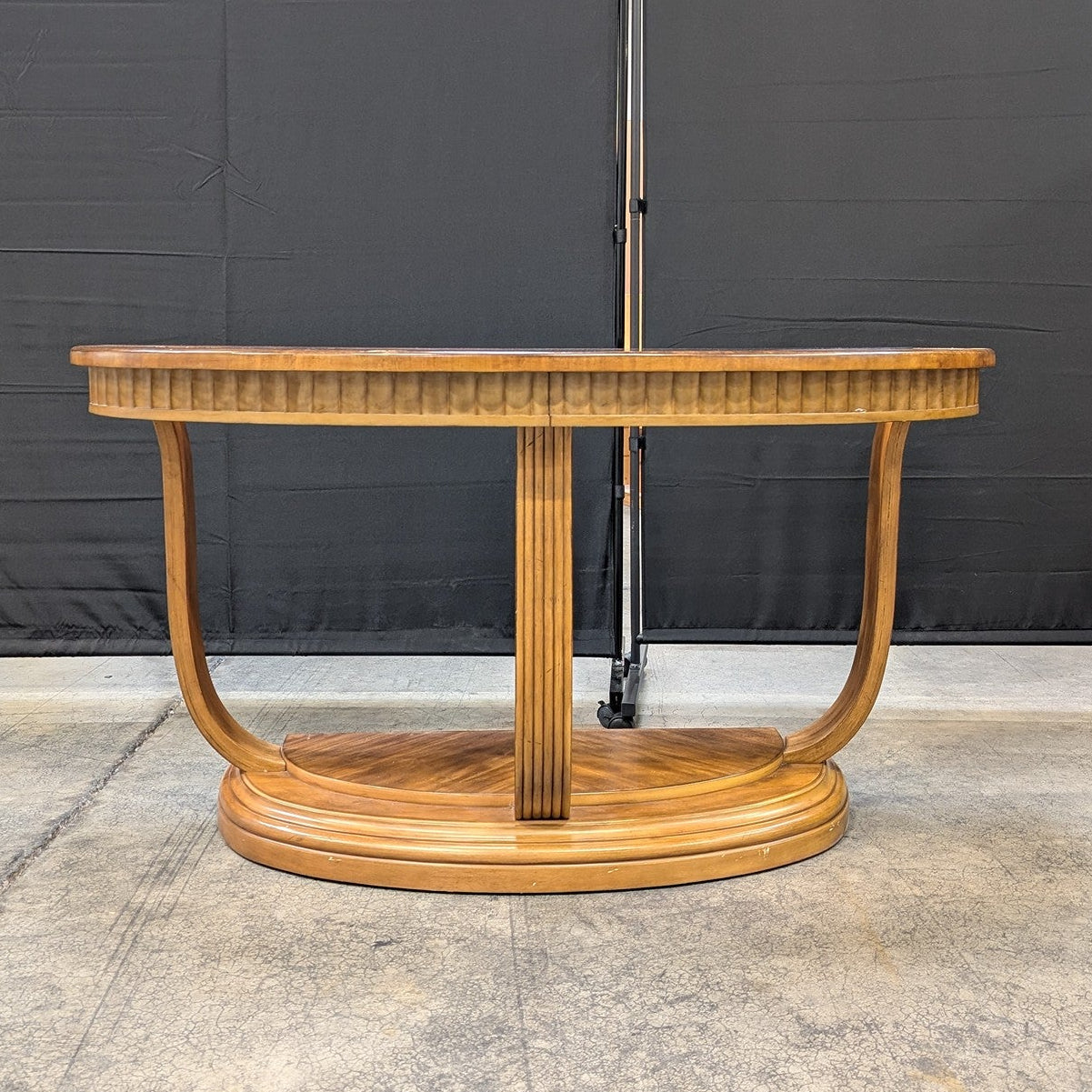 Art Deco Style Wood Demi-Lune Console Table with Glass Top