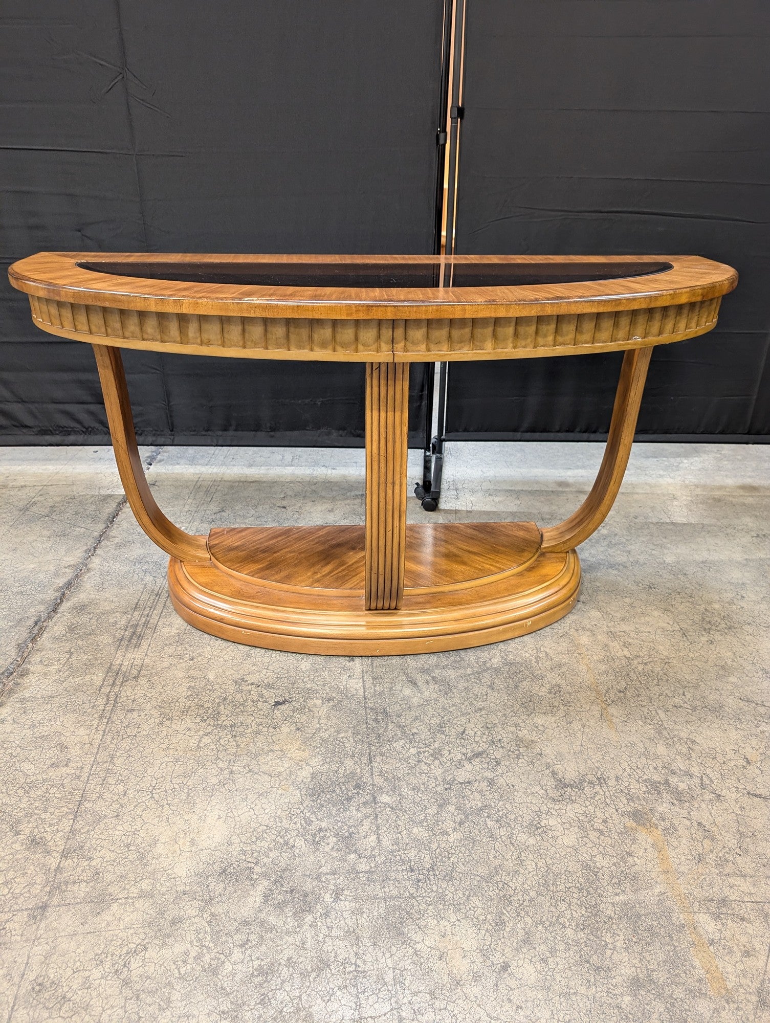 Art Deco Style Wood Demi-Lune Console Table with Glass Top