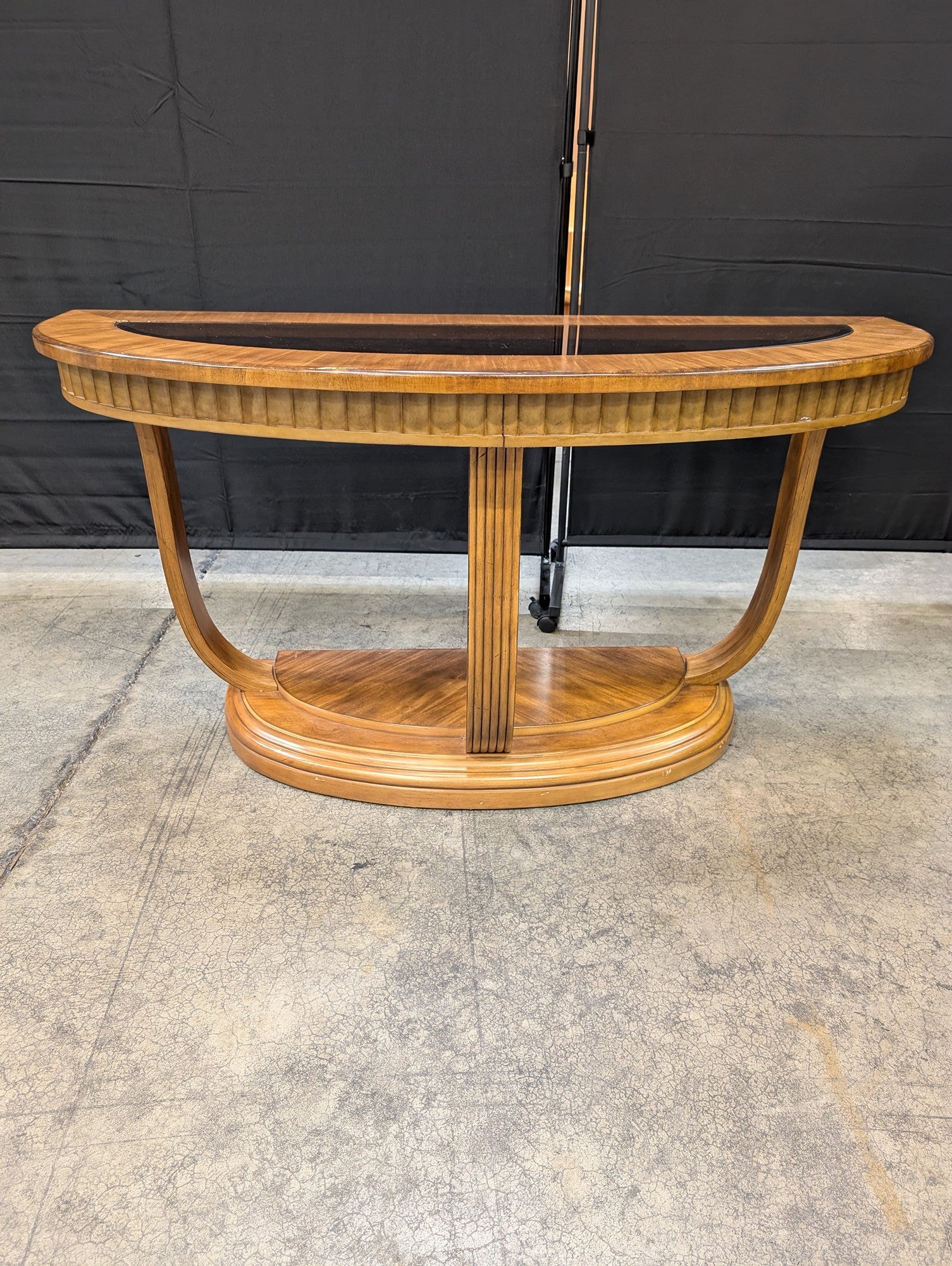 Art Deco Style Wood Demi-Lune Console Table with Glass Top