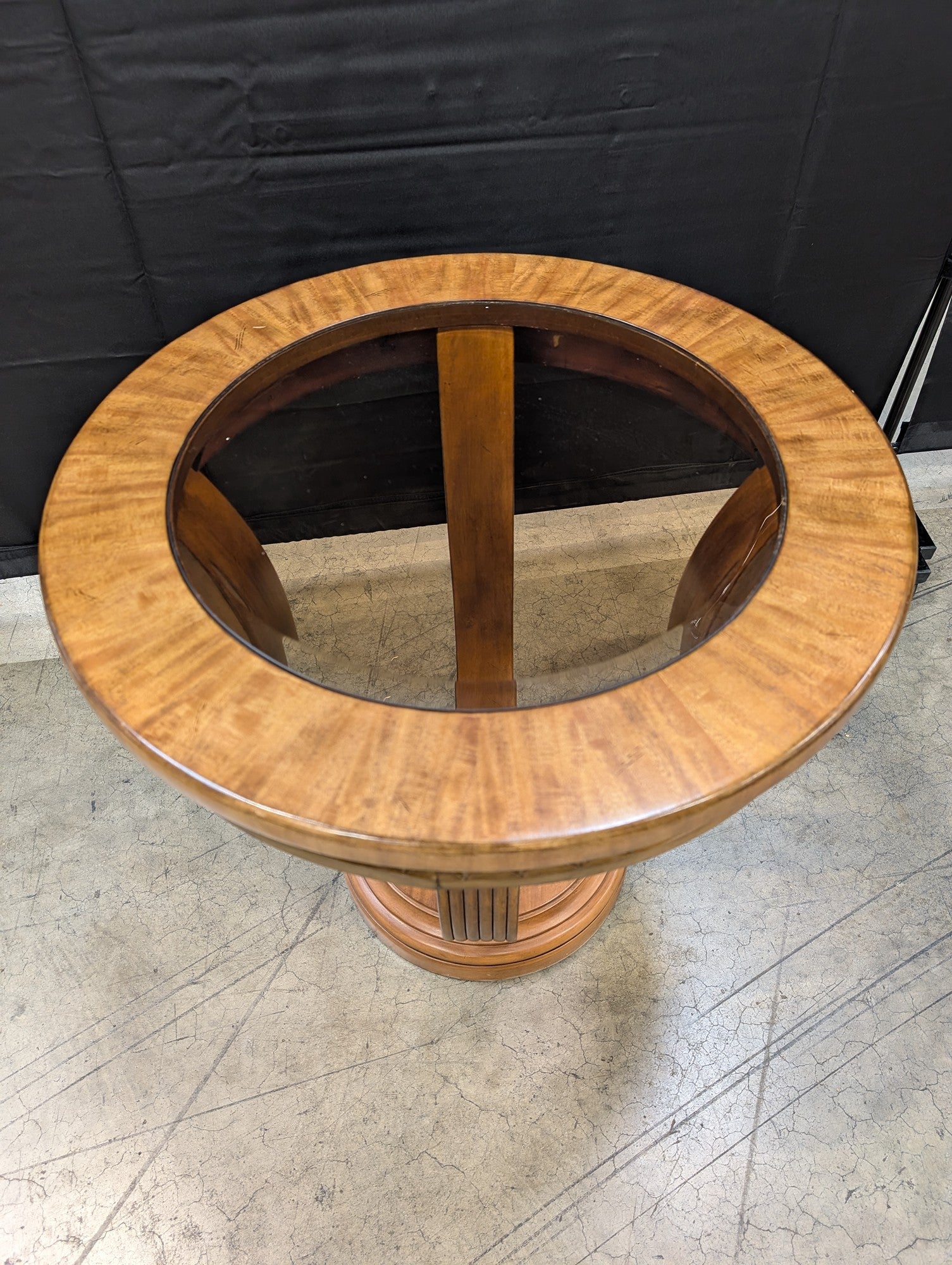 Art Deco Style Round Wood Pedestal Accent Table with Glass Top