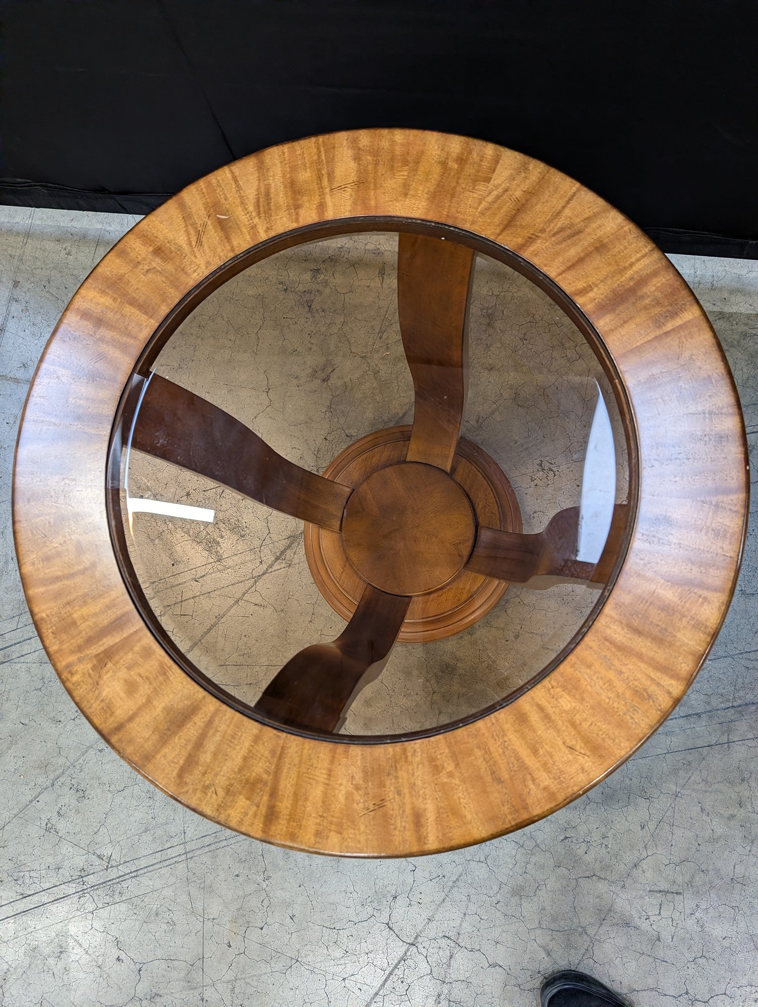 Art Deco Style Round Wood Pedestal Accent Table with Glass Top