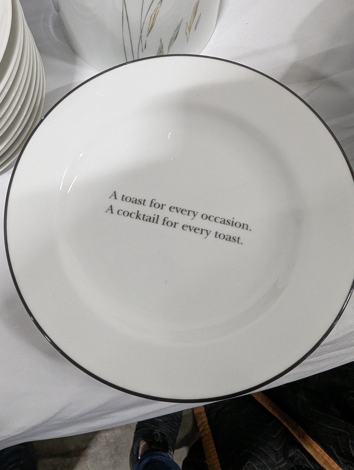 Whimsical White Ceramic Plate with Cocktail Quote Black Rim