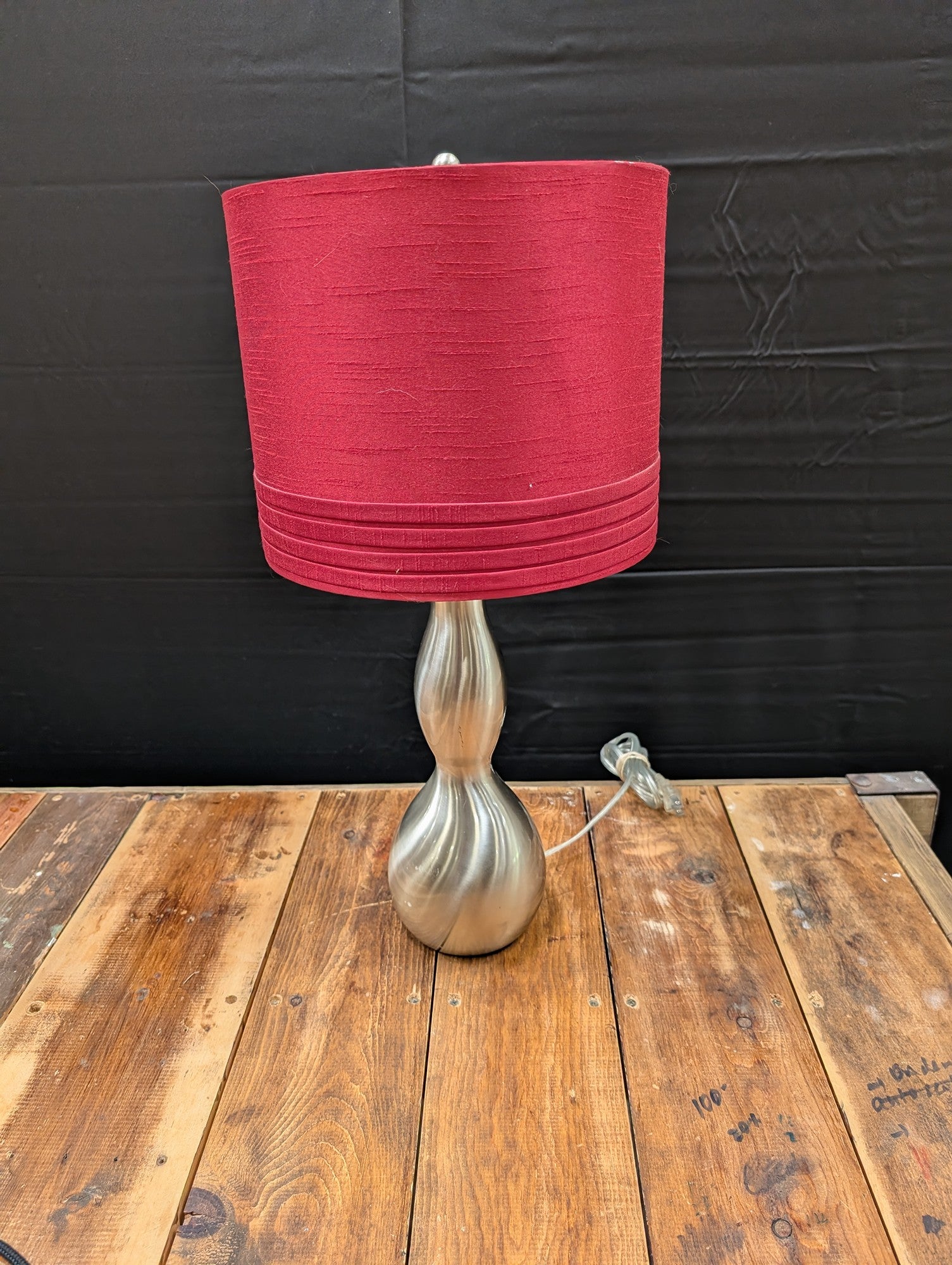Contemporary Brushed Metal Table Lamp with Crimson Fabric Shade