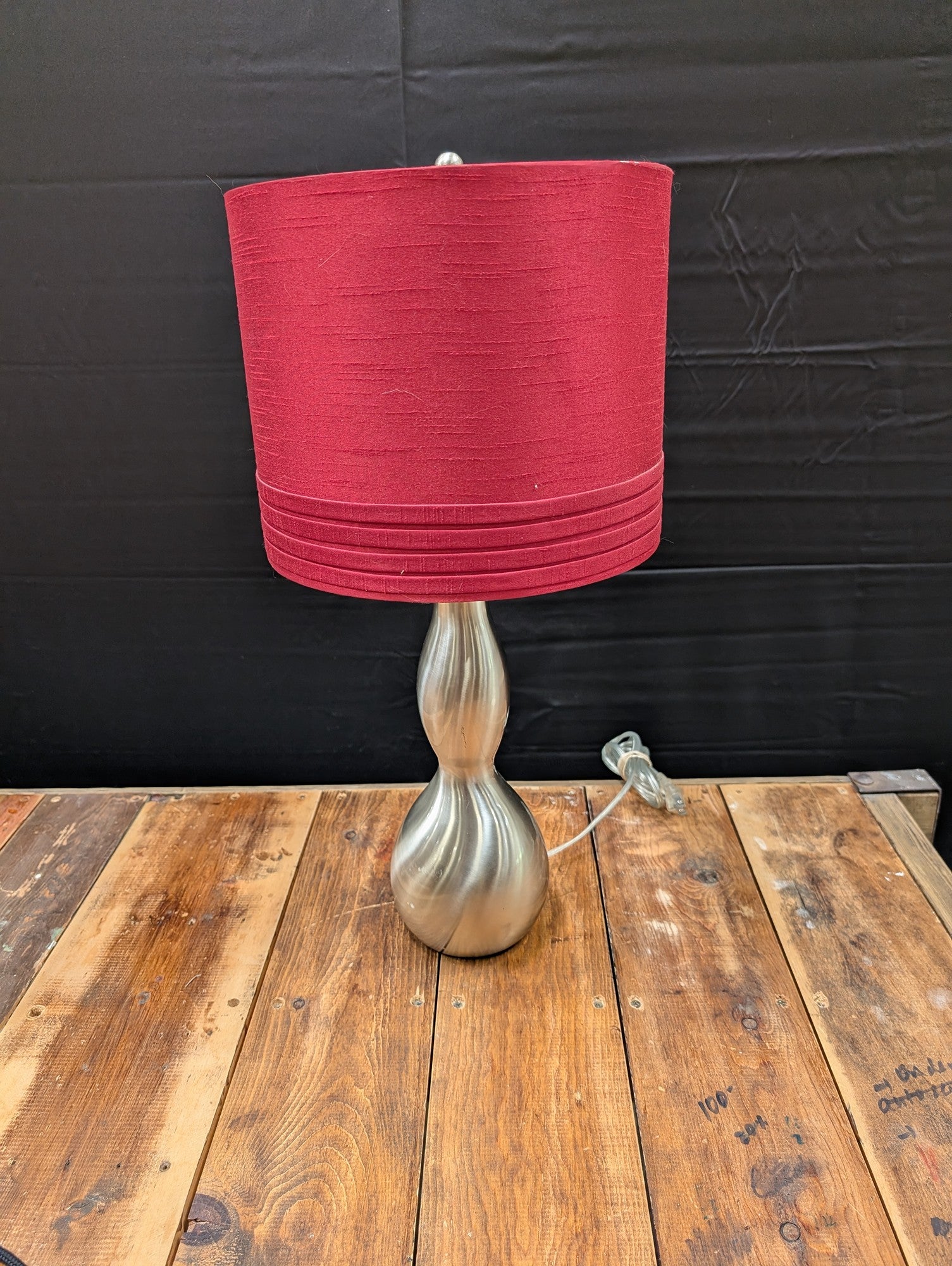 Contemporary Brushed Metal Table Lamp with Crimson Fabric Shade