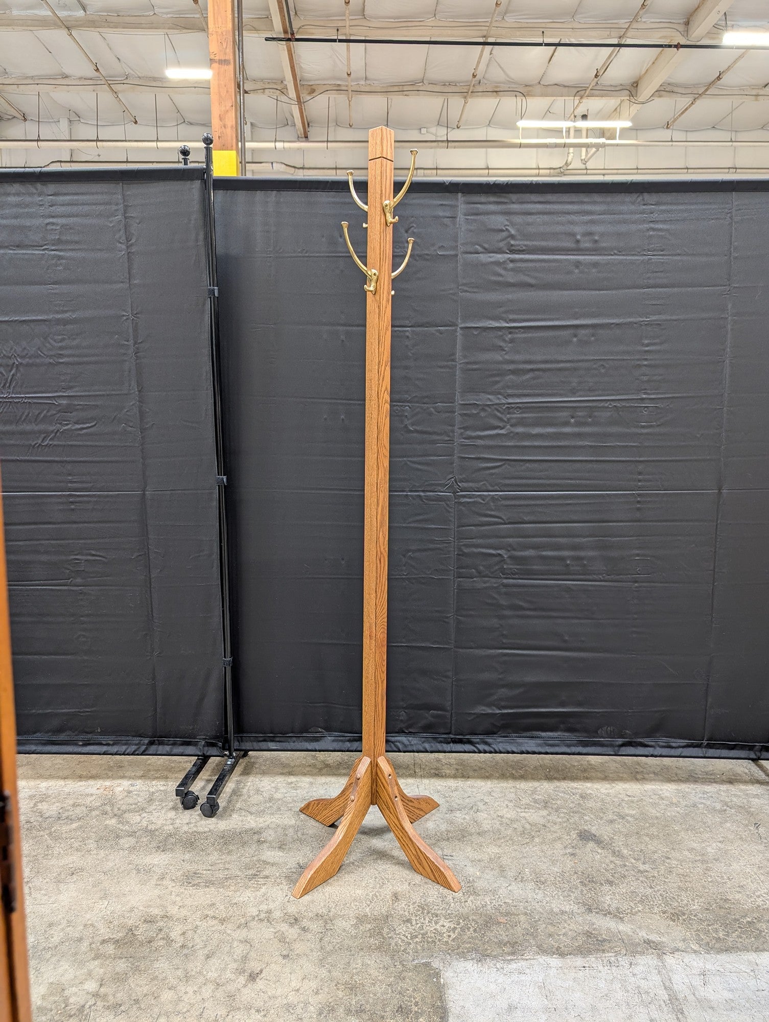 Sturdy Oak Wood Pedestal Coat Rack with Brass-Tone Hooks