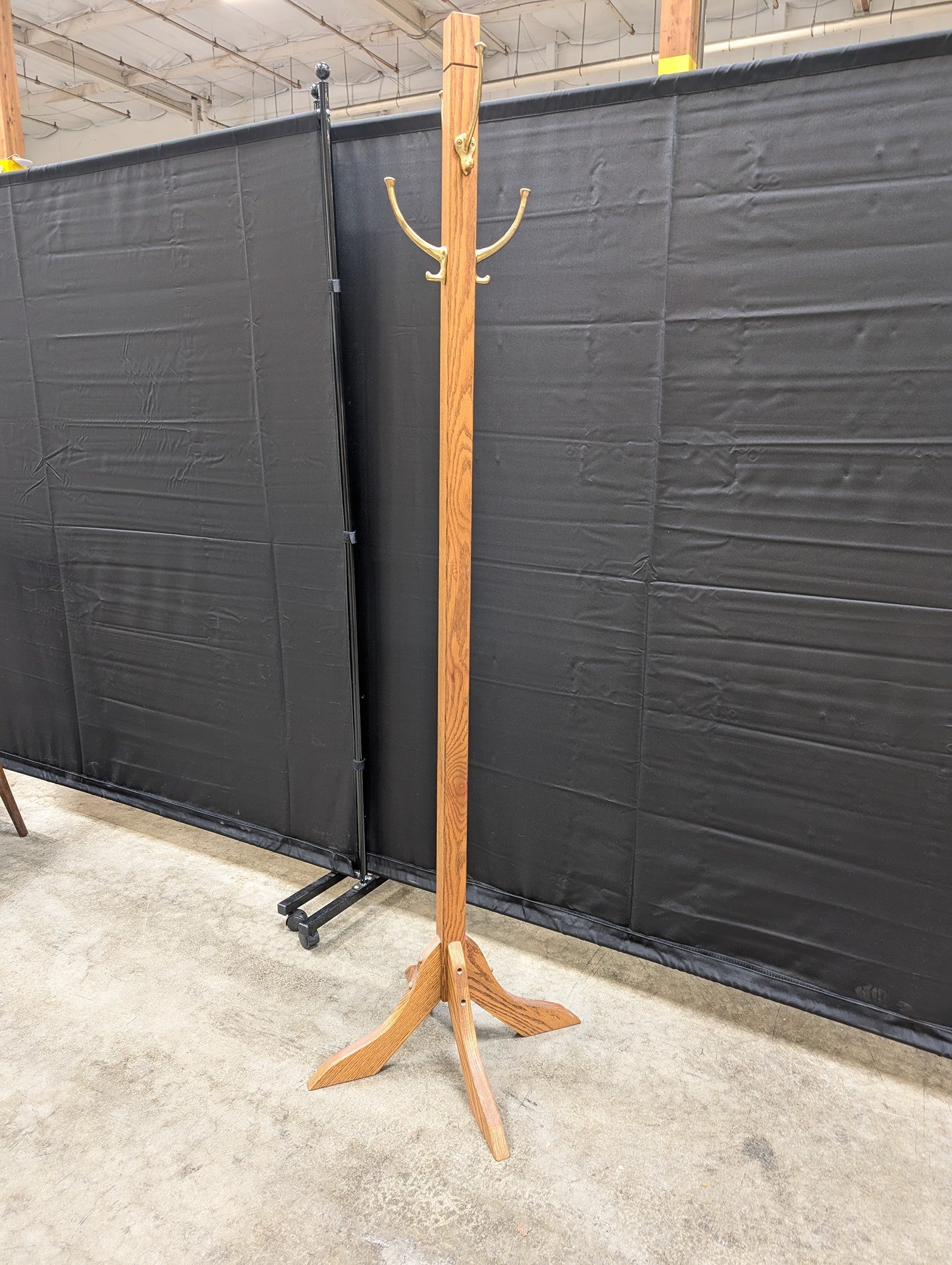 Sturdy Oak Wood Pedestal Coat Rack with Brass-Tone Hooks