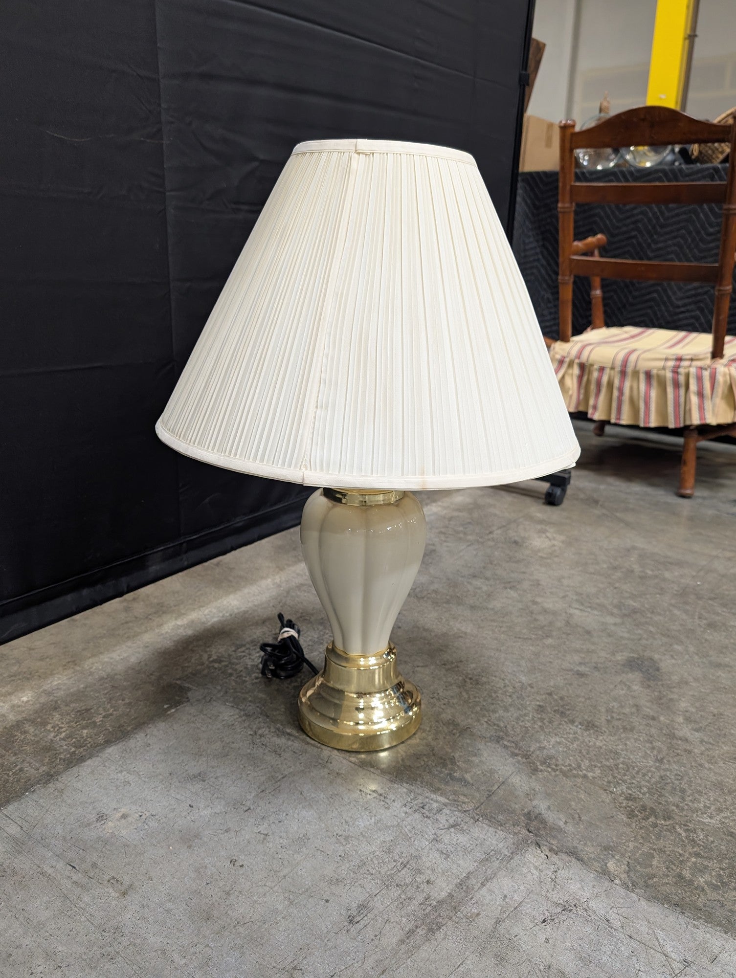 Cream Fluted Table Lamp with Pleated Fabric Shade and Brass Tone Base