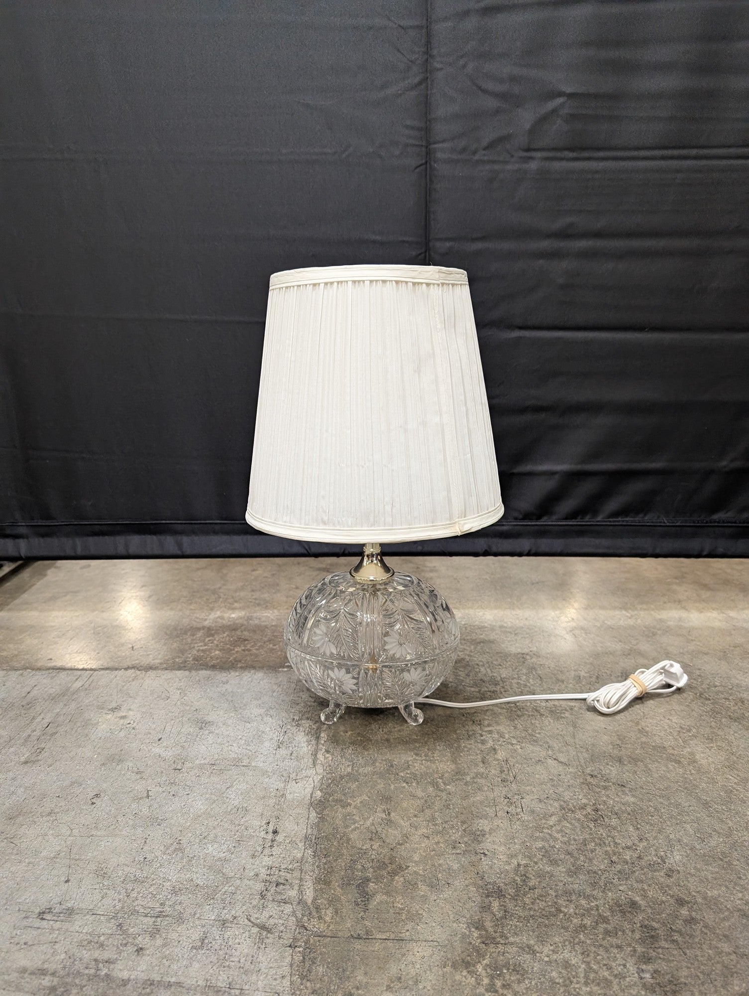 Vintage Cut Glass Table Lamp with Pleated Fabric Shade