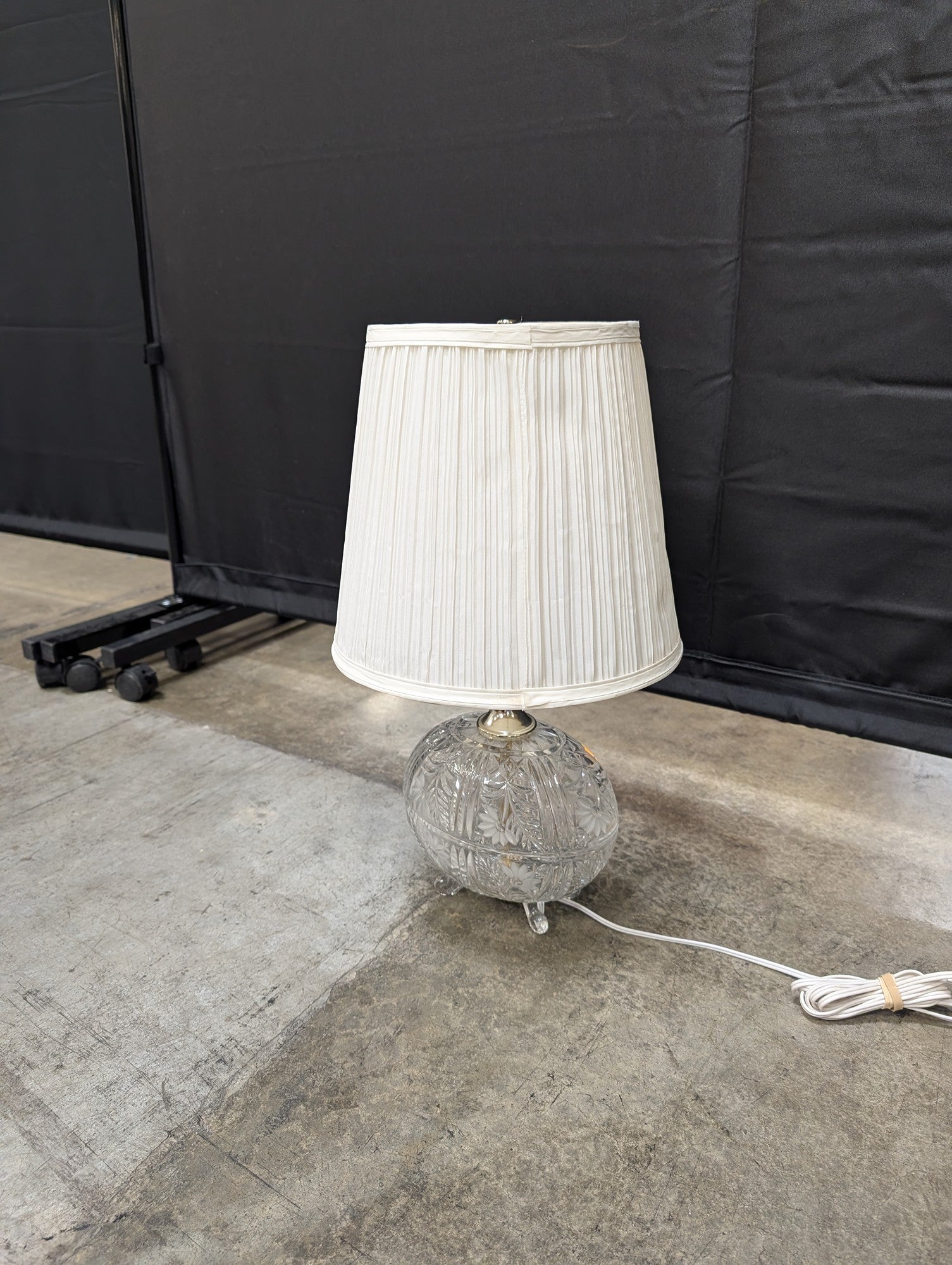 Vintage Cut Glass Table Lamp with Pleated Fabric Shade