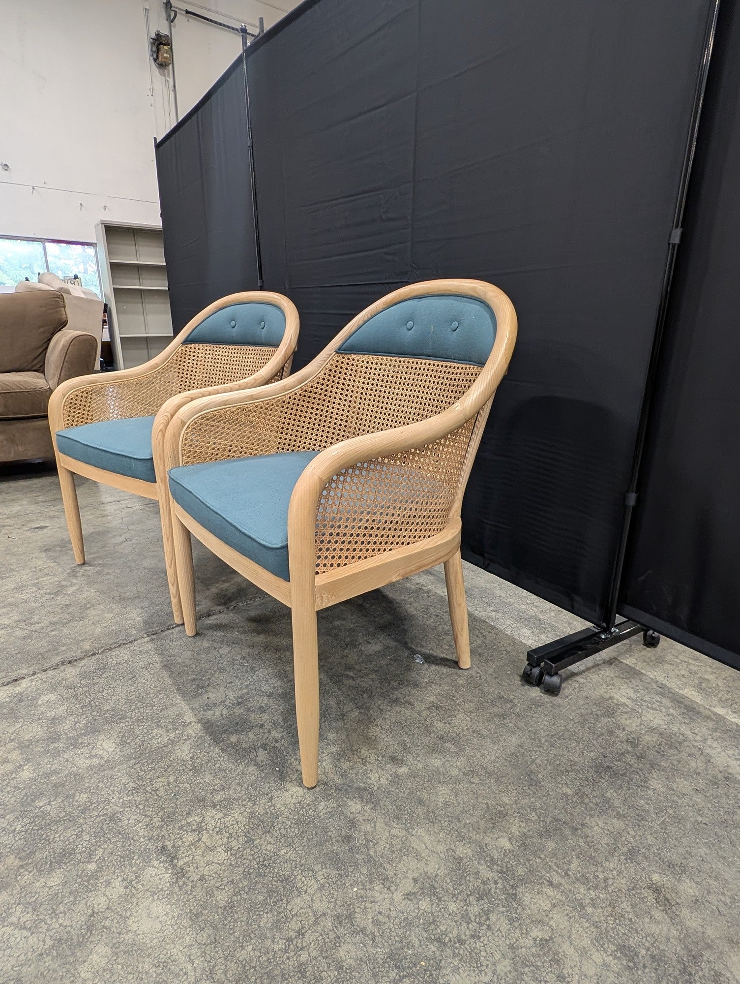 Urban Inc. Modern Cane and Wood Accent Chairs with Blue Upholstery - Pair
