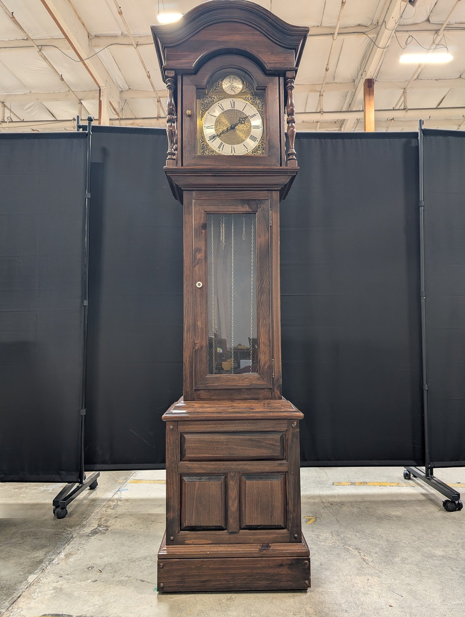 Ethan Allen Classic Dark Wood Grandfather Clock with Tempus Fugit Dial