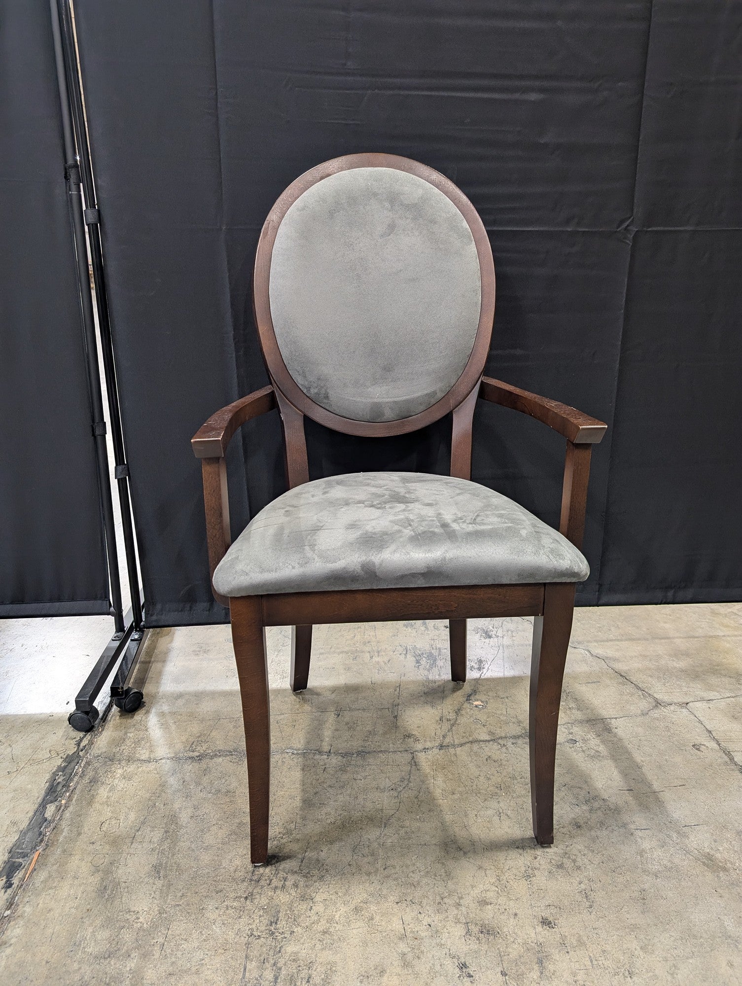 Dinec Oval Back Wood Armchair with Grey Upholstery