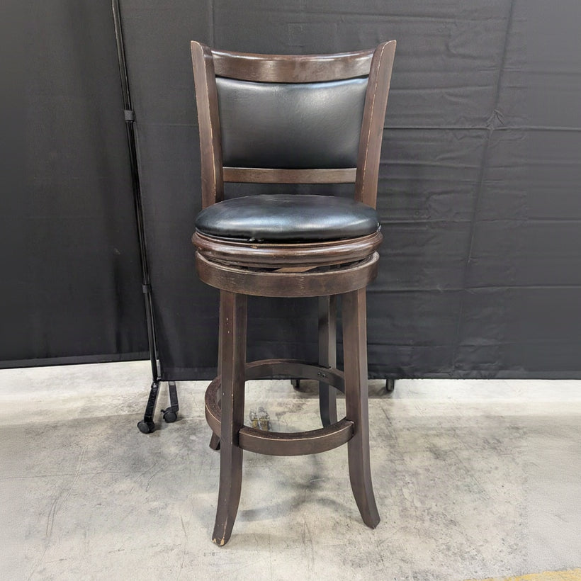 Dark Wood Swivel Bar Stool with Black Upholstery