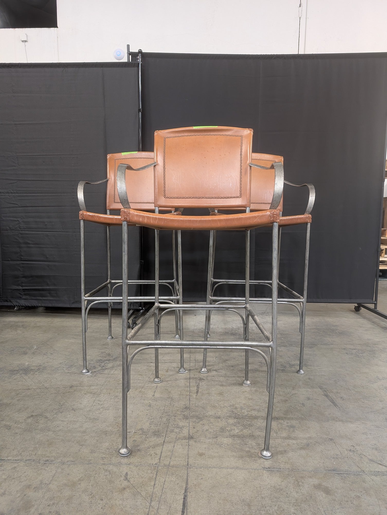 Set of Three Tan Leather Bar Stools with Arms