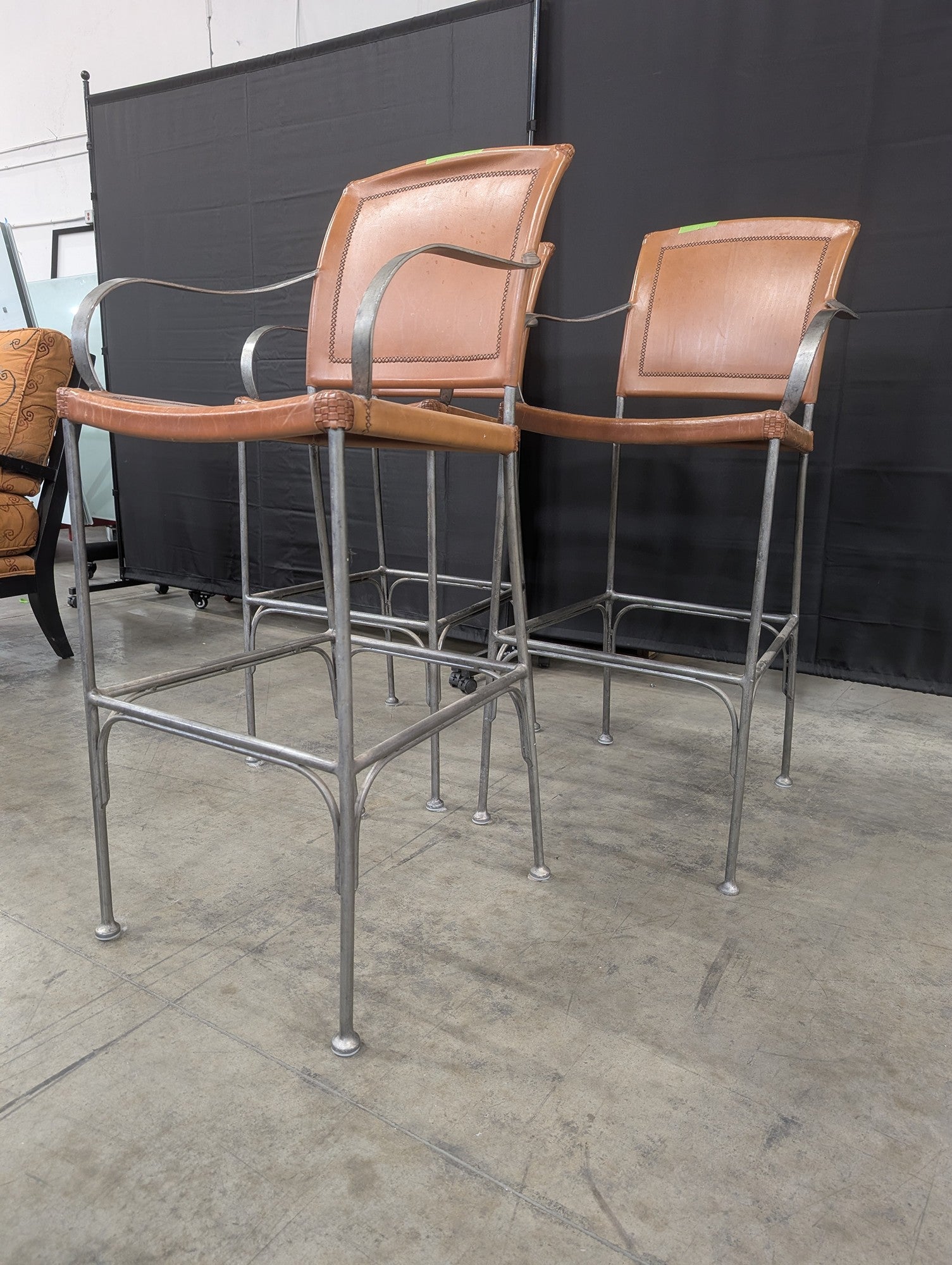 Set of Three Tan Leather Bar Stools with Arms