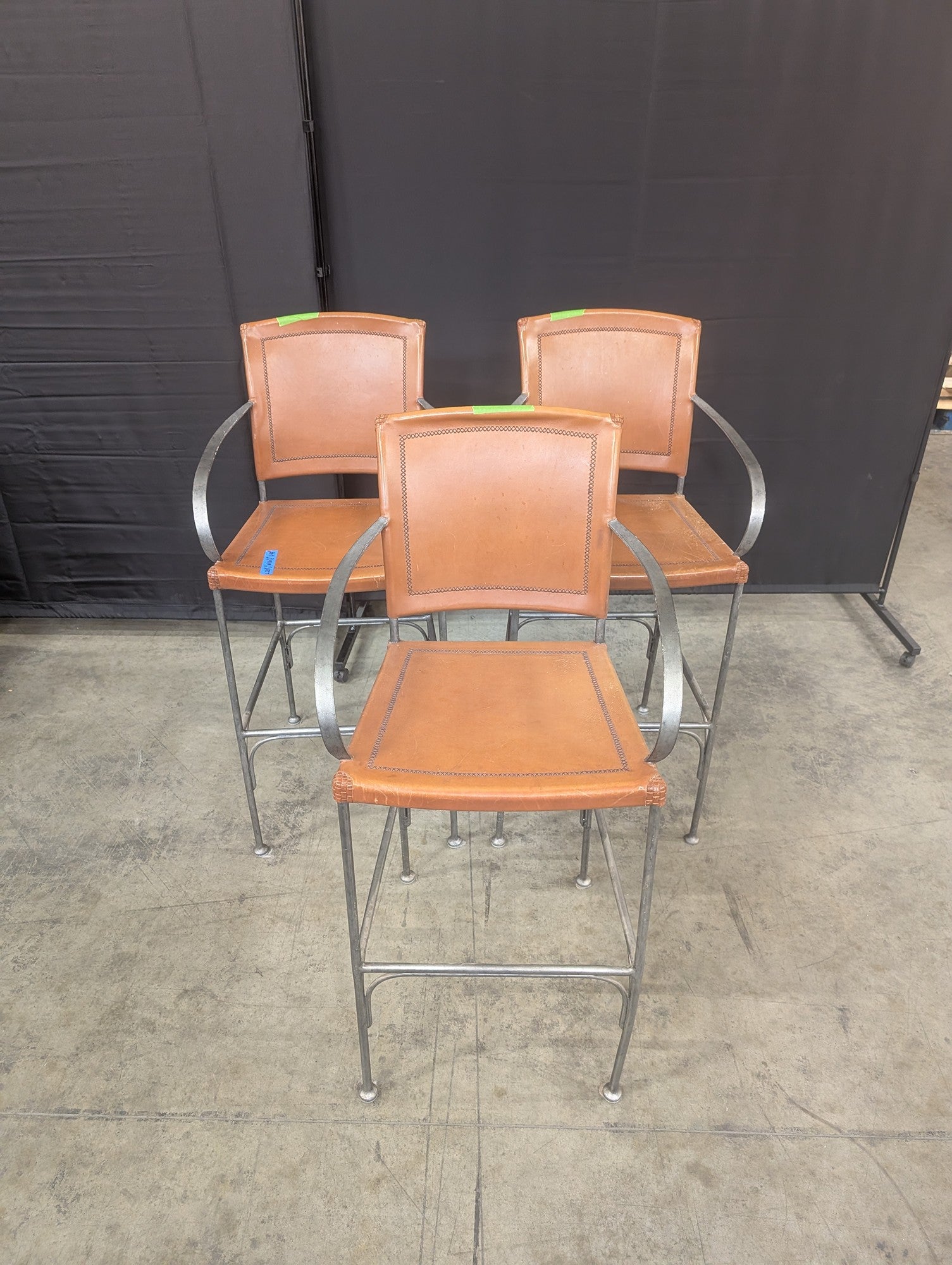 Set of Three Tan Leather Bar Stools with Arms