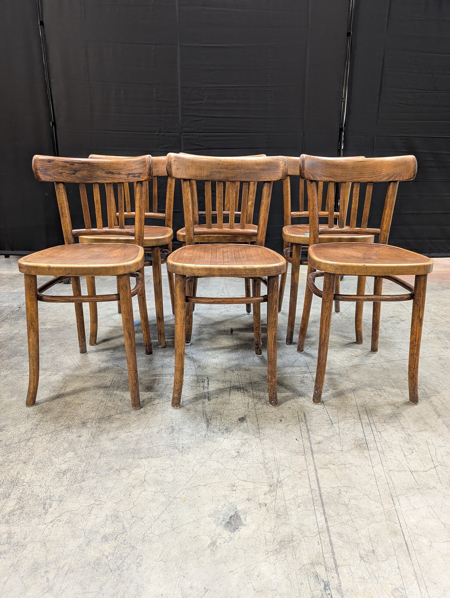 Set of Six Brown Bentwood Slat Back Dining Chairs