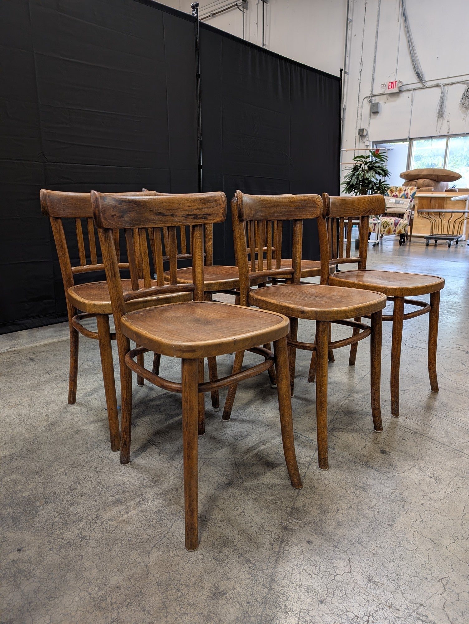 Set of Six Brown Bentwood Slat Back Dining Chairs