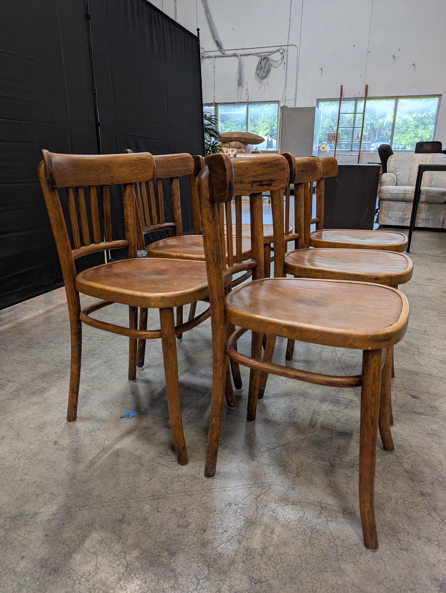 Set of Six Brown Bentwood Slat Back Dining Chairs