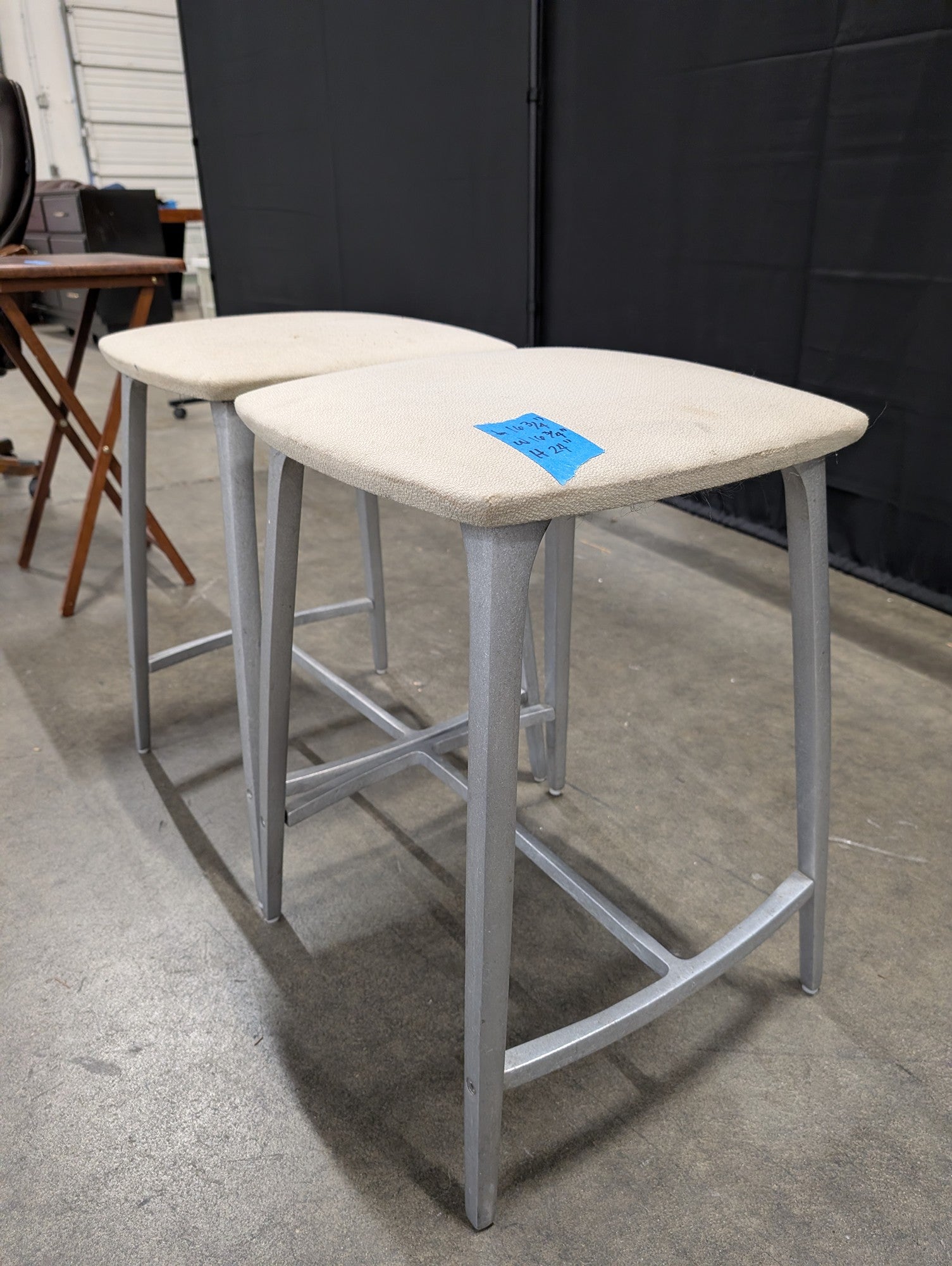 Pair of Grey Metal Bar Stools with Upholstered Seats