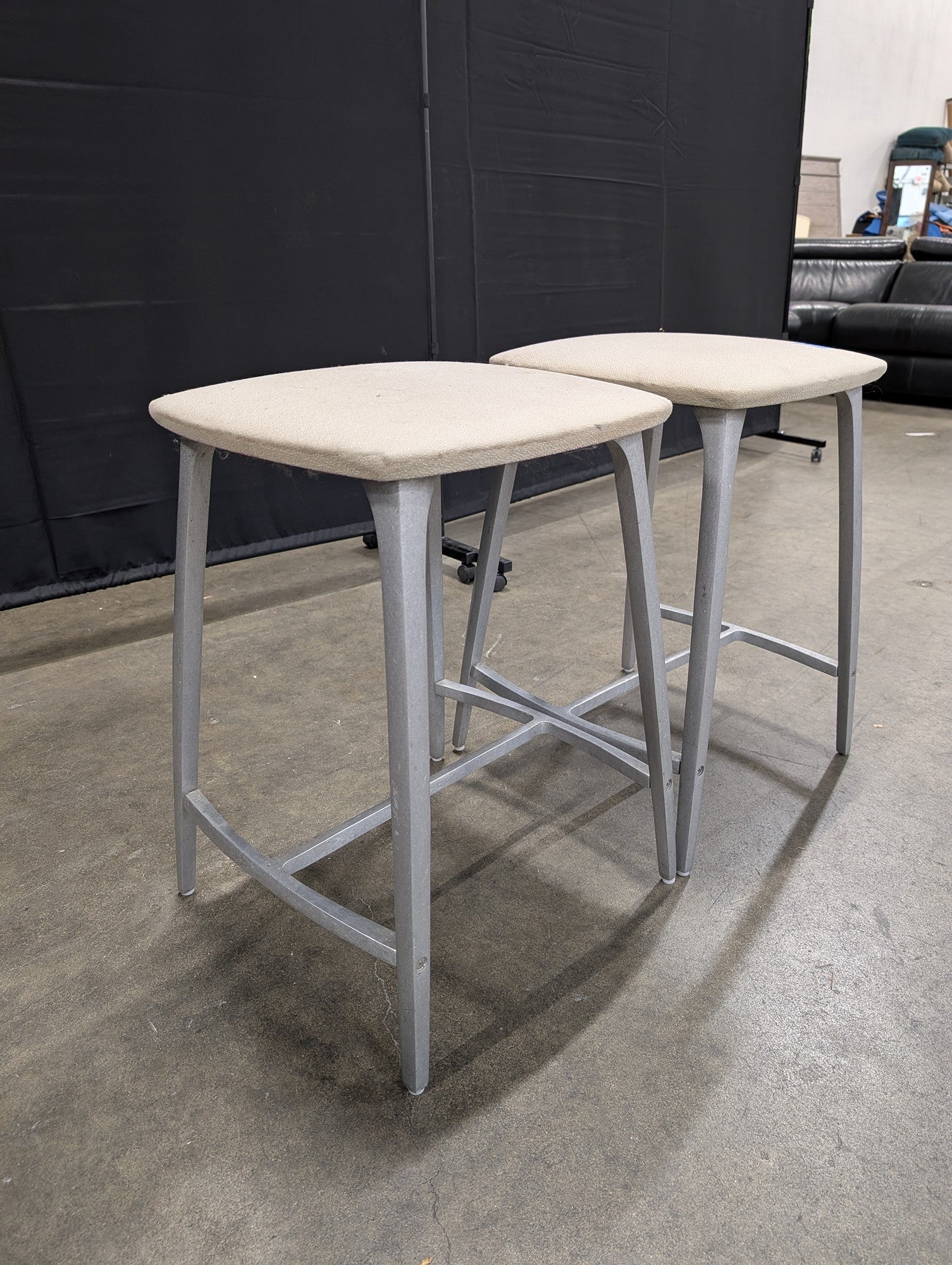 Pair of Grey Metal Bar Stools with Upholstered Seats