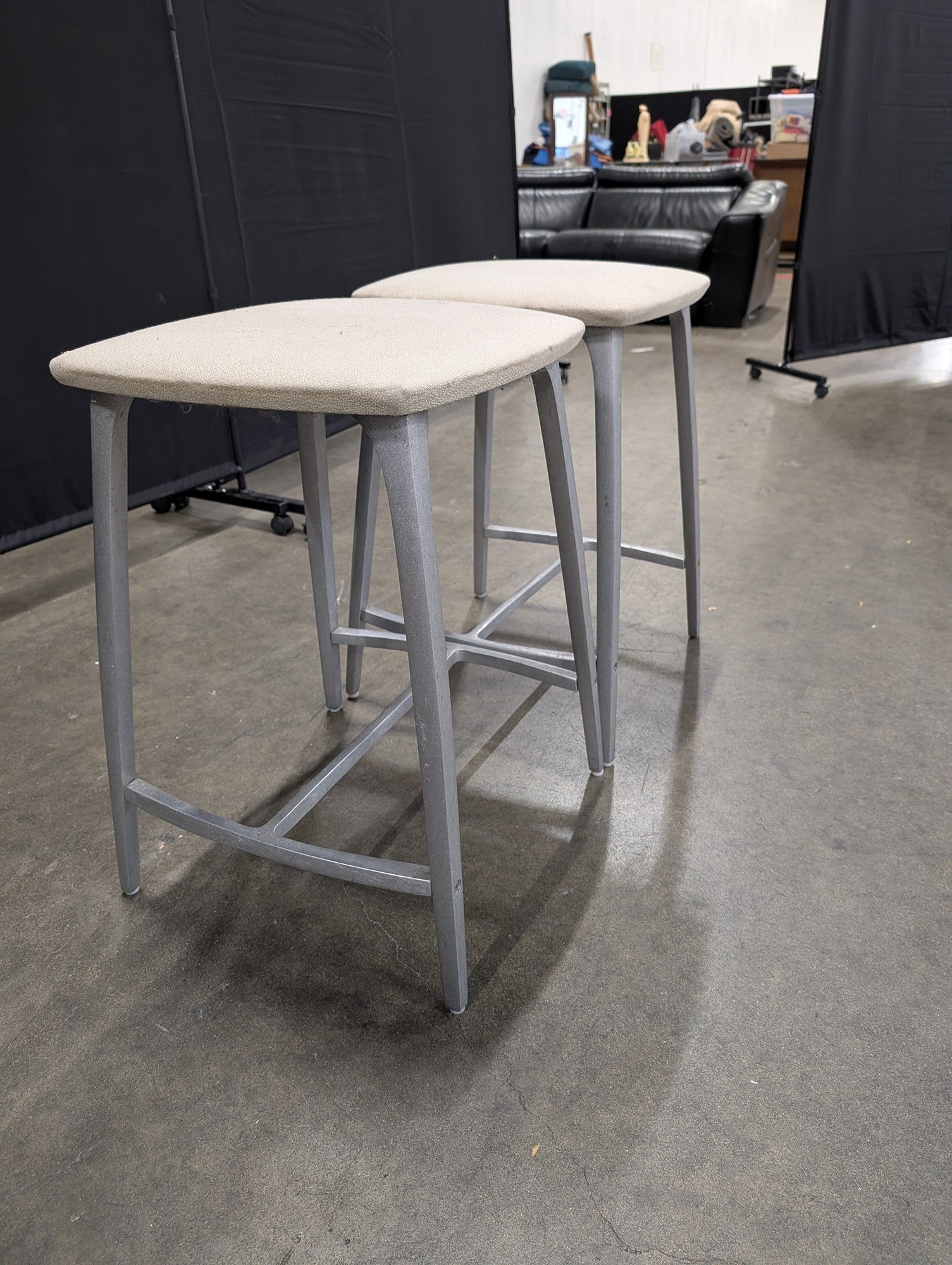 Pair of Grey Metal Bar Stools with Upholstered Seats