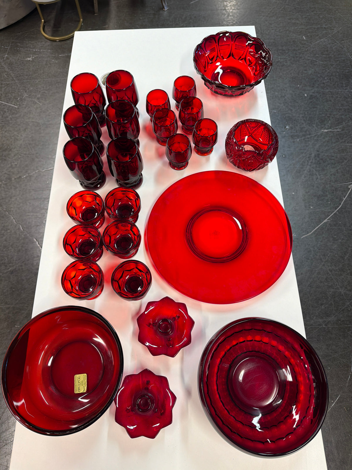 Vintage Ruby Red Glassware Set, 25 Pieces: Viking Georgian Honeycomb, Fenton Lotus & Arcoroc