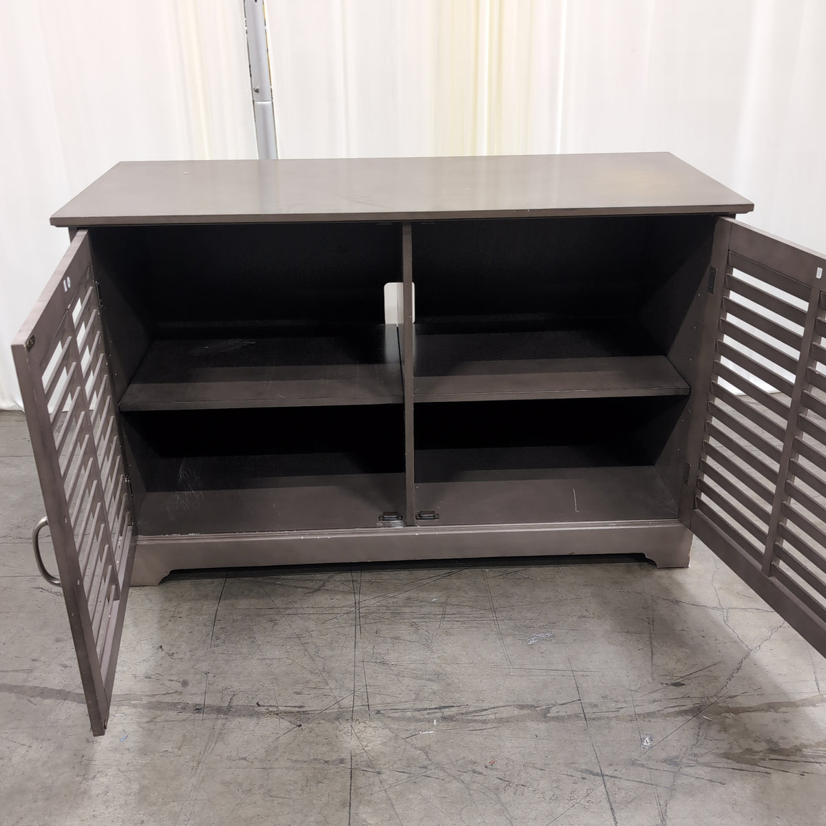 Greige Wood TV Stand with Louvered Doors
