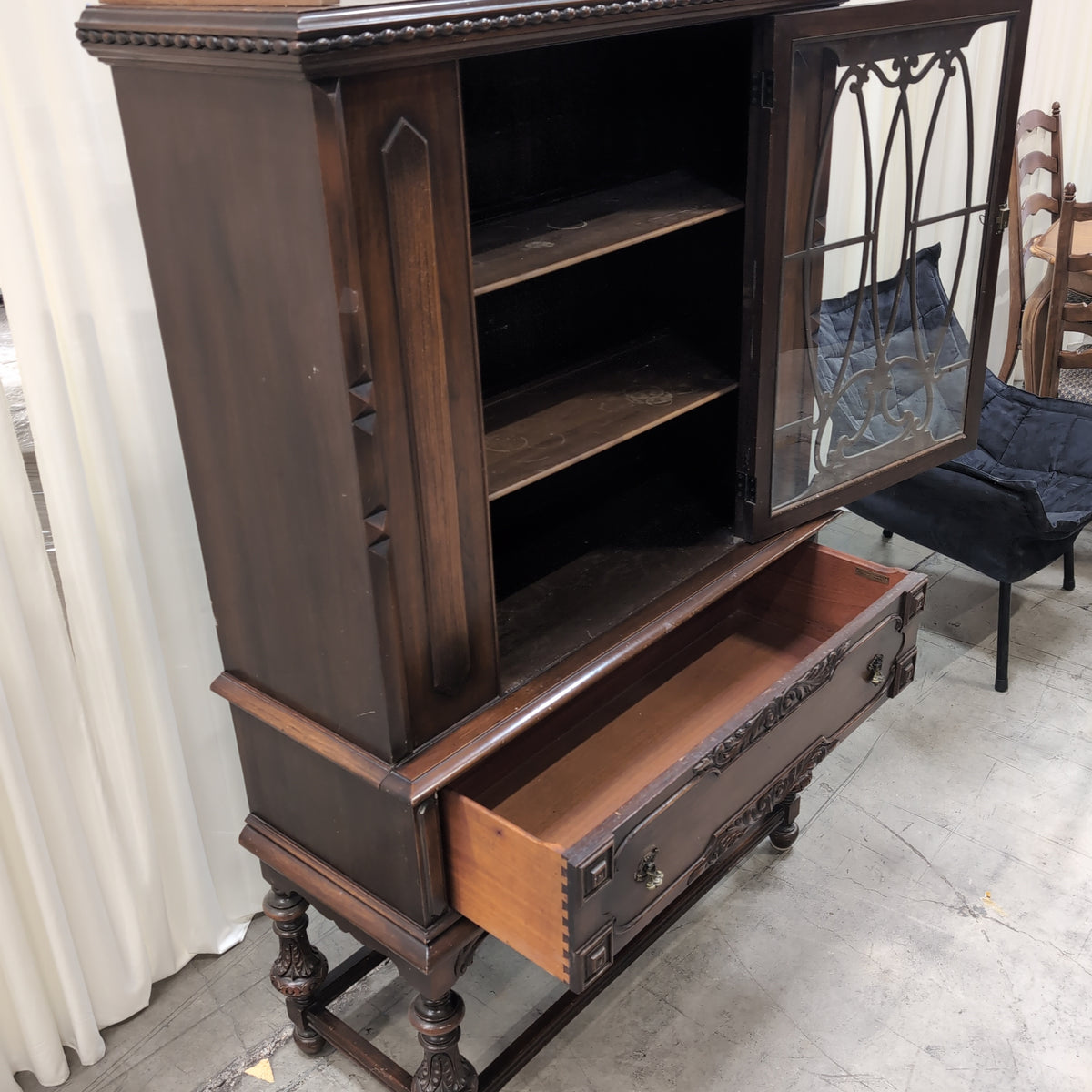 Traditional Carved Dark Wood China Cabinet