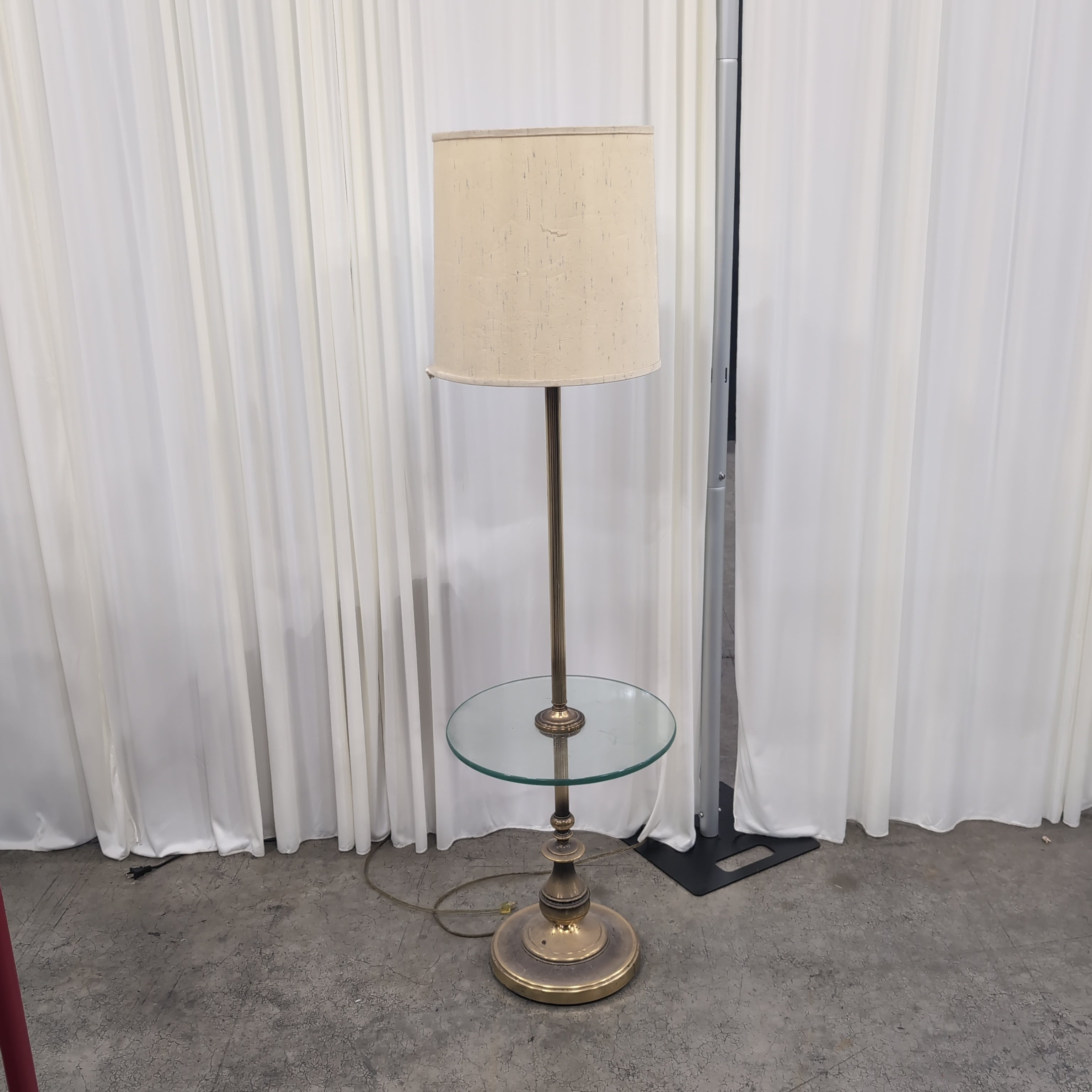 Brass-Toned Floor Lamp with Round Glass Table