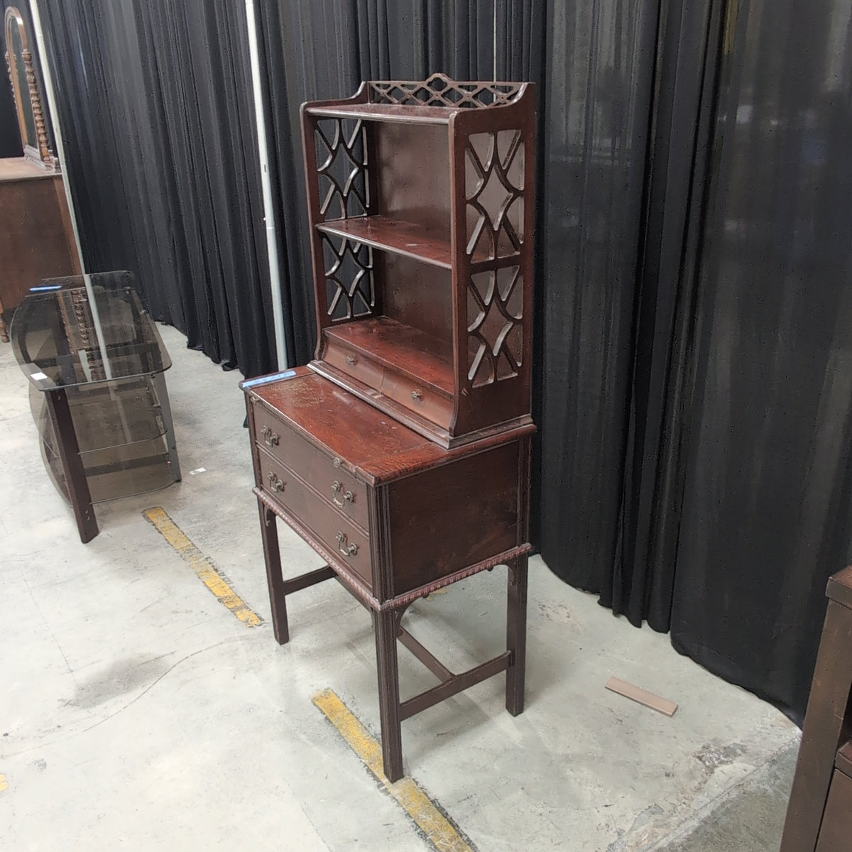 Traditional Dark Wood Drop-Front Desk with Fretwork Hutch