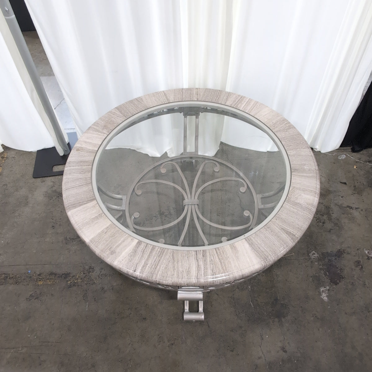 Silver-Toned Ornate Round Coffee Table with Glass Top