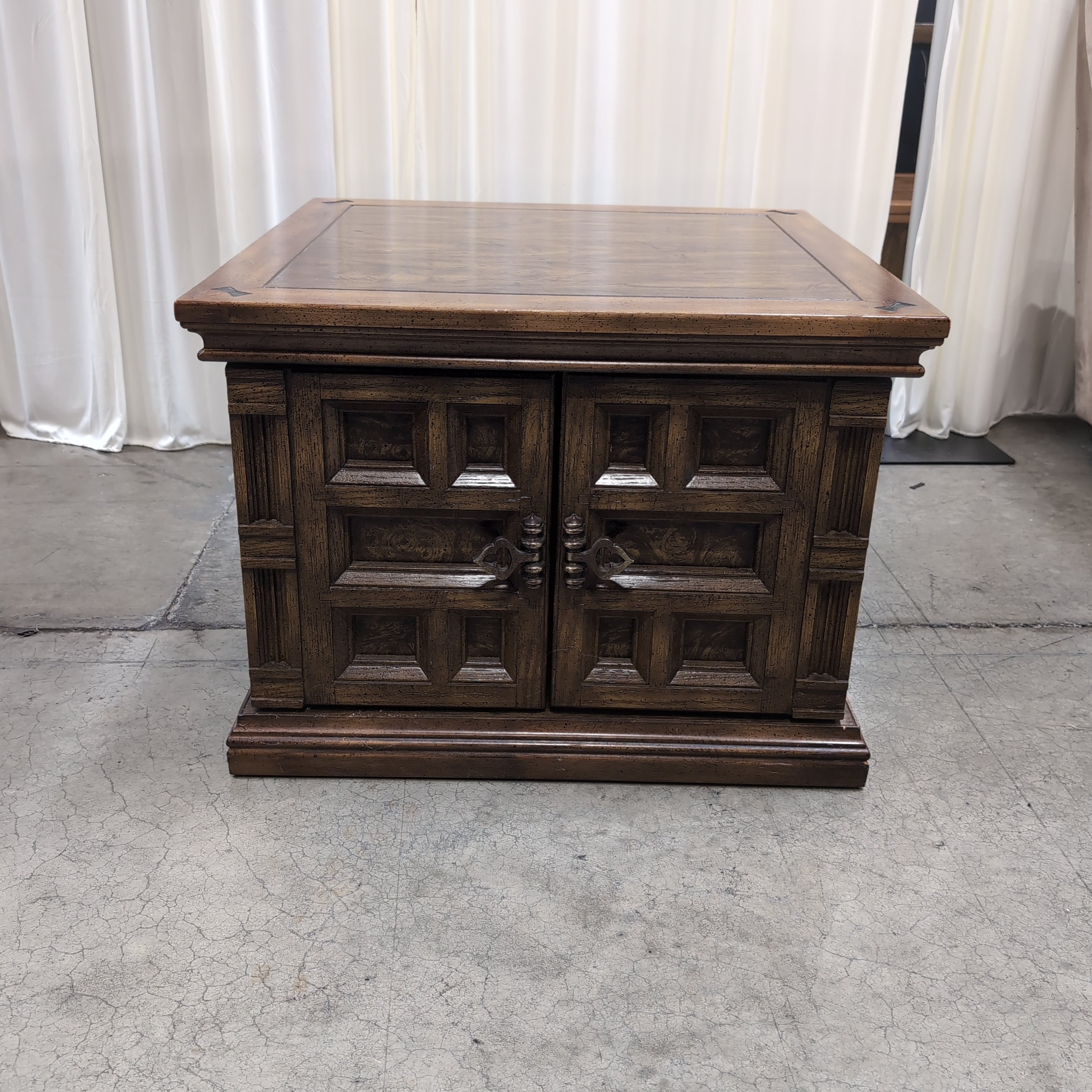 Vintage Carved Wood End Table with Cabinet Doors