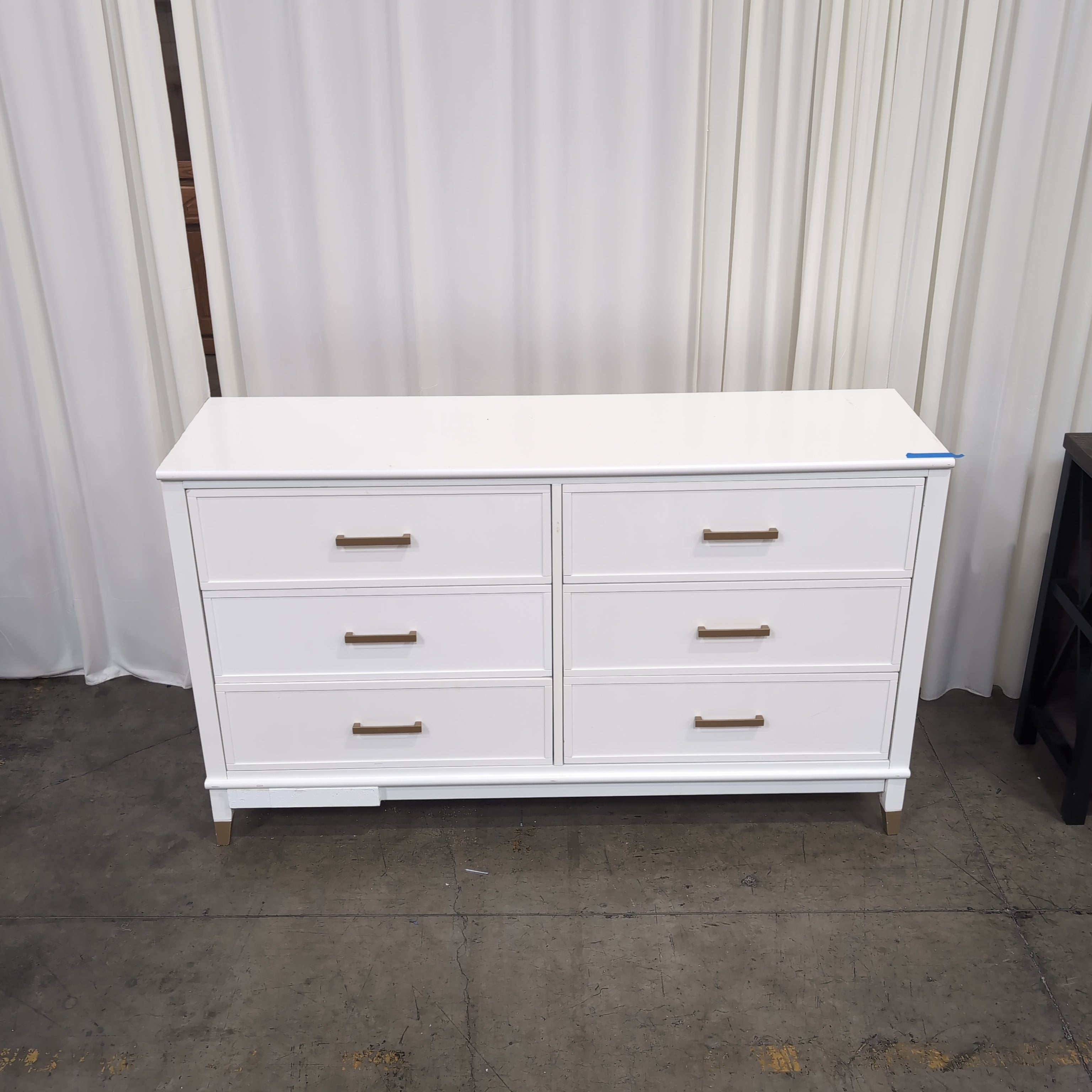 White Six-Drawer Wood Dresser with Gold Hardware
