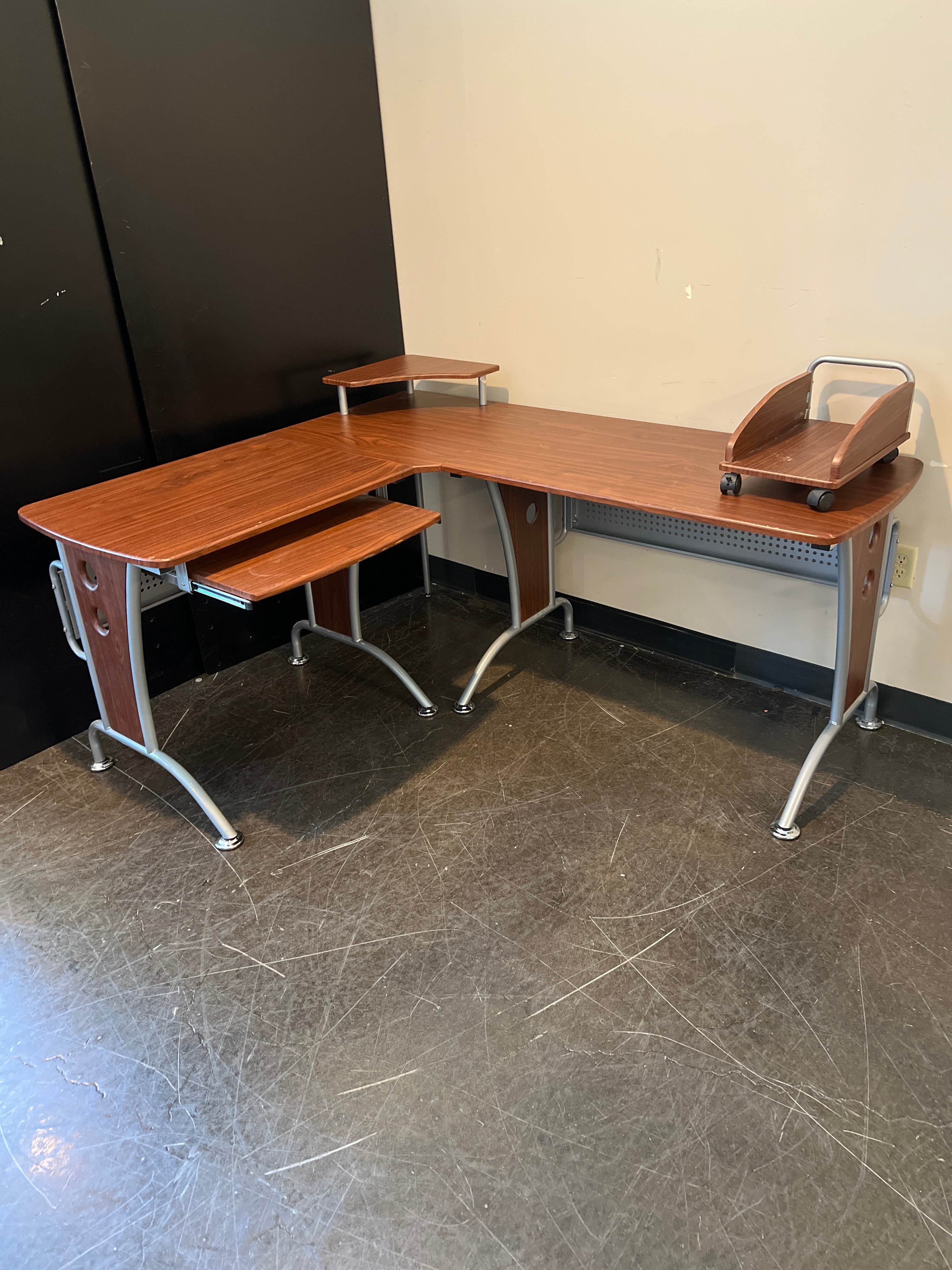 Modern L-Shaped Computer Desk with Riser and Rolling CPU Stand