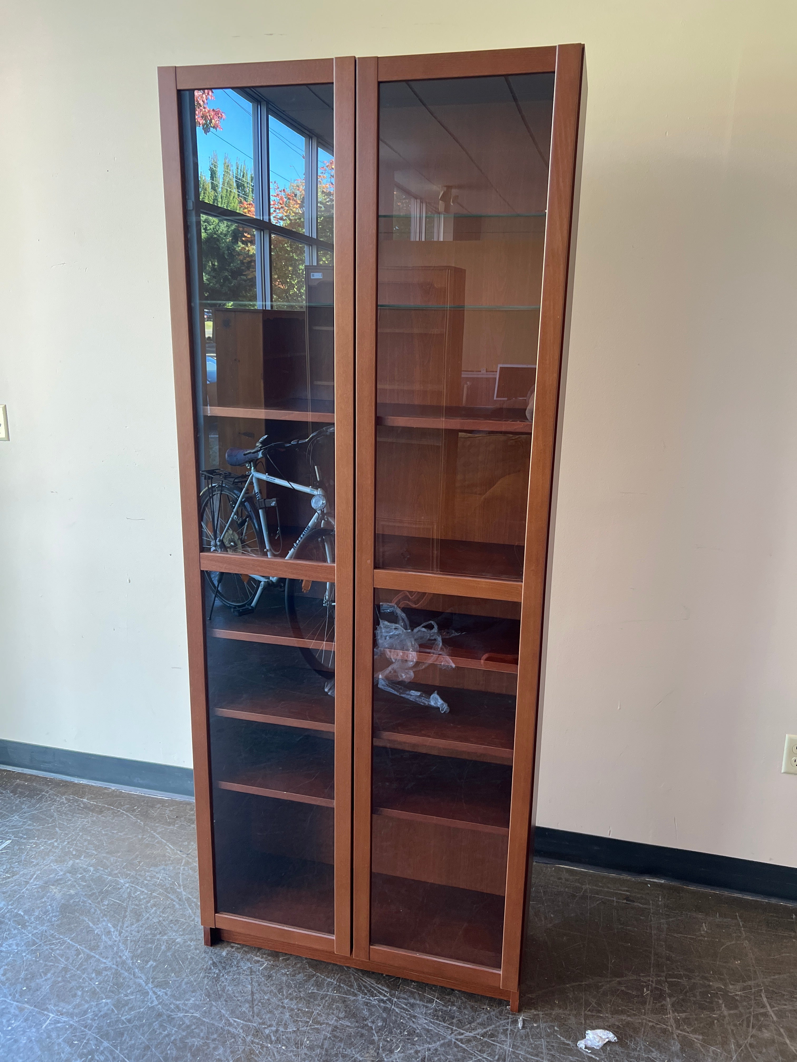 Tall Brown 8-Shelf Wood Glass Display Cabinet